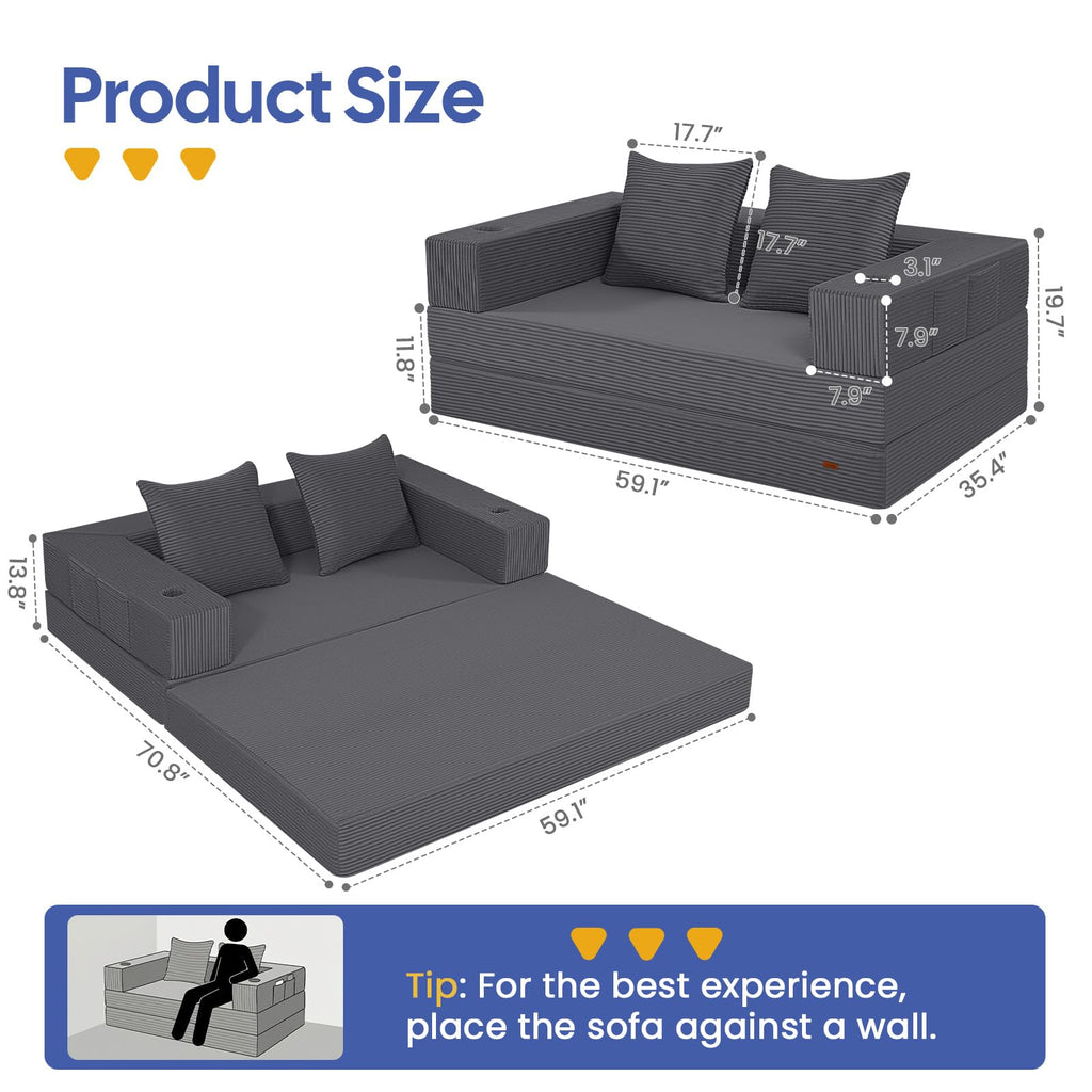 COMAX Futon Sofa Bed, 4‑in‑1 Convertible Sofa Bed, Folding Boneless Couches | Boneless Couch for living room, Fold Out Small Foldable Loveseat Floor Sleeper Mattress Lounge Space‑Saving, Ash Gray
