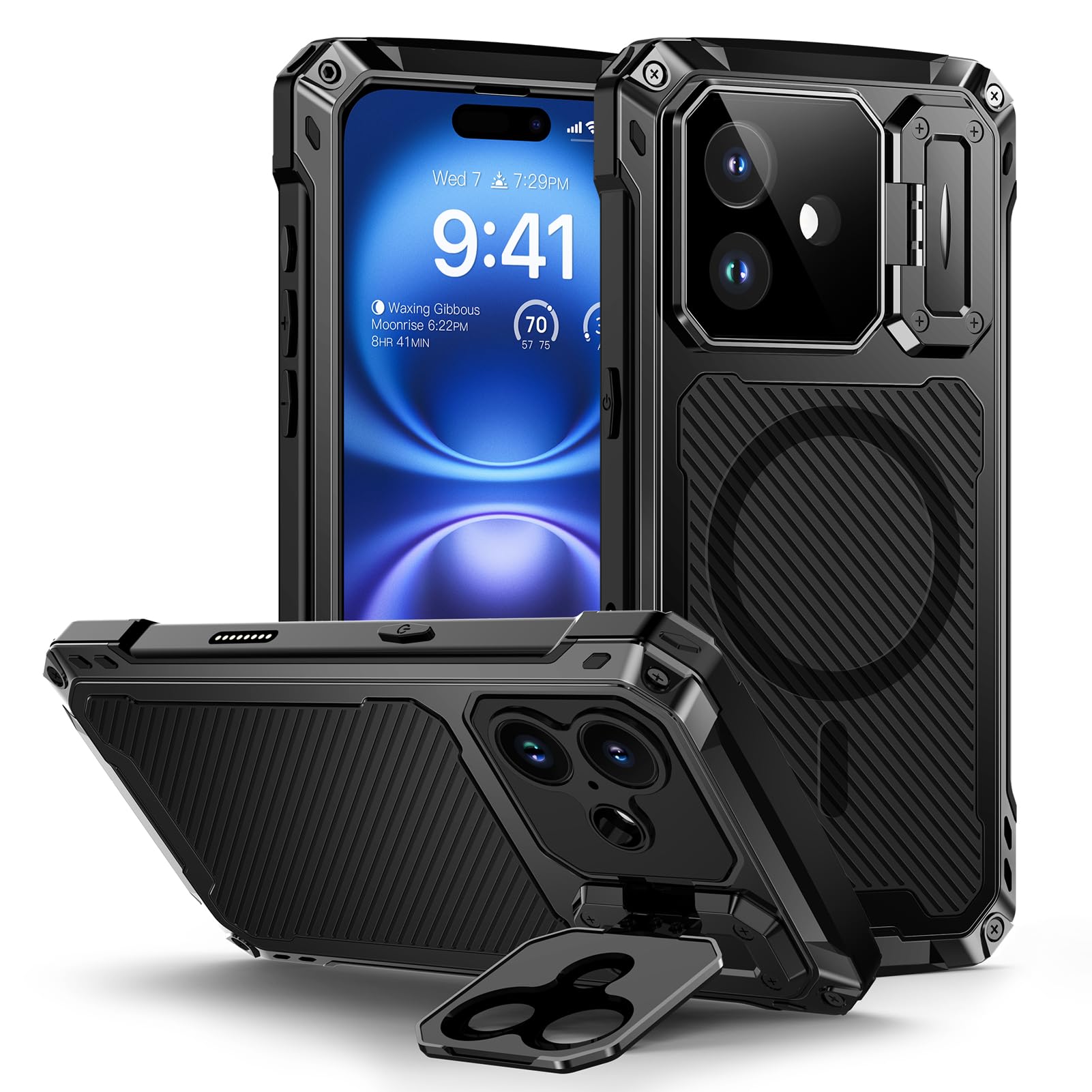 Lanhiem for iPhone 16 Metal Case with Camera Cover & Stand [Compatible with MagSafe] [Built-in Kickstand] [Military-Grade Protection] Heavy Duty Rugged Magnetic Phone Case, Black