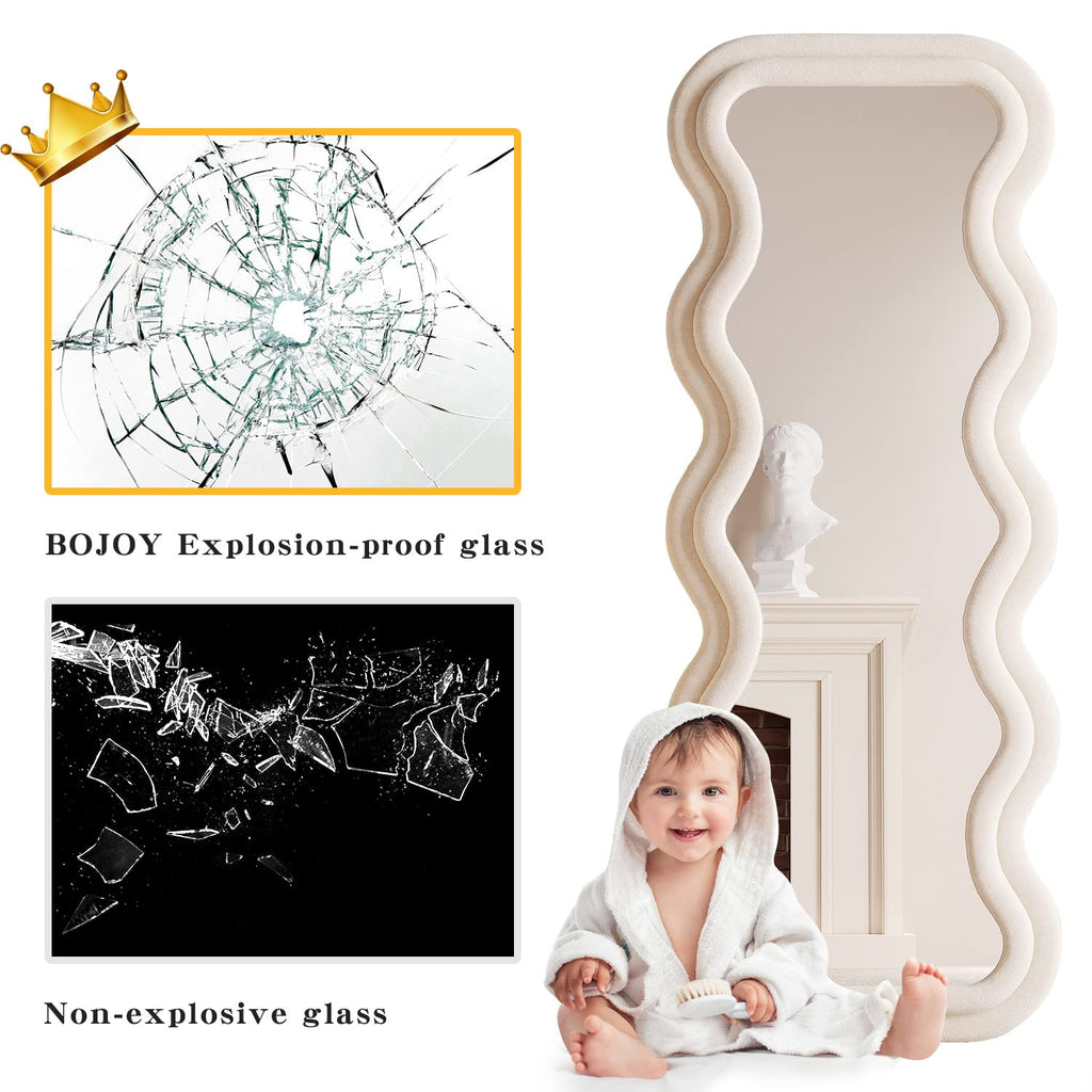 BOJOY Full Length Mirror, 63" x 24" Wall Mirror, Flannel Wrapped Wooden Frame Floor Mirror, Irregular Wavy Mirror Hanging or Leaning Against Wall for Cloakroom/Bedroom/Living Room, Black
