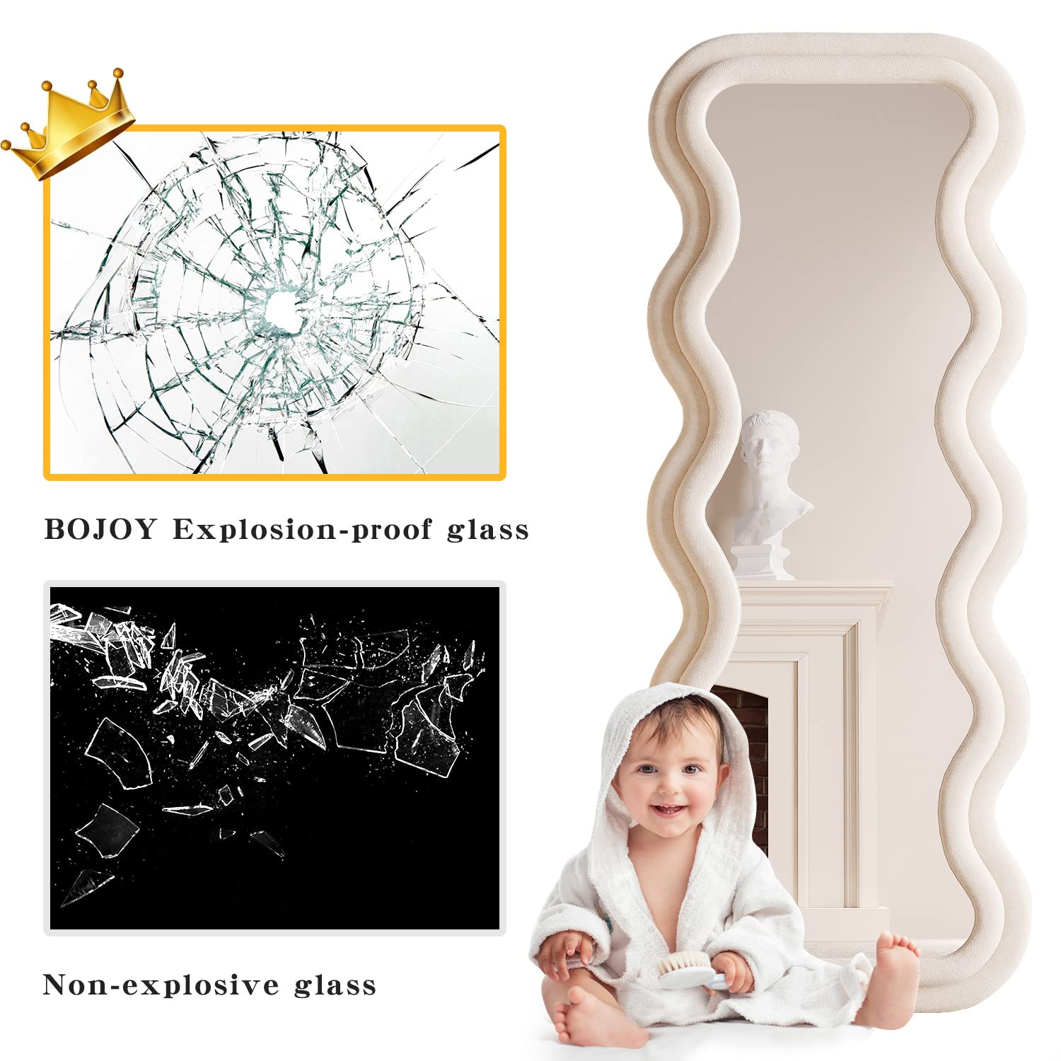 BOJOY Full Length Mirror, 63" x 24" Wall Mirror, Flannel Wrapped Wooden Frame Floor Mirror, Irregular Wavy Mirror Hanging or Leaning Against Wall for Cloakroom/Bedroom/Living Room, Black