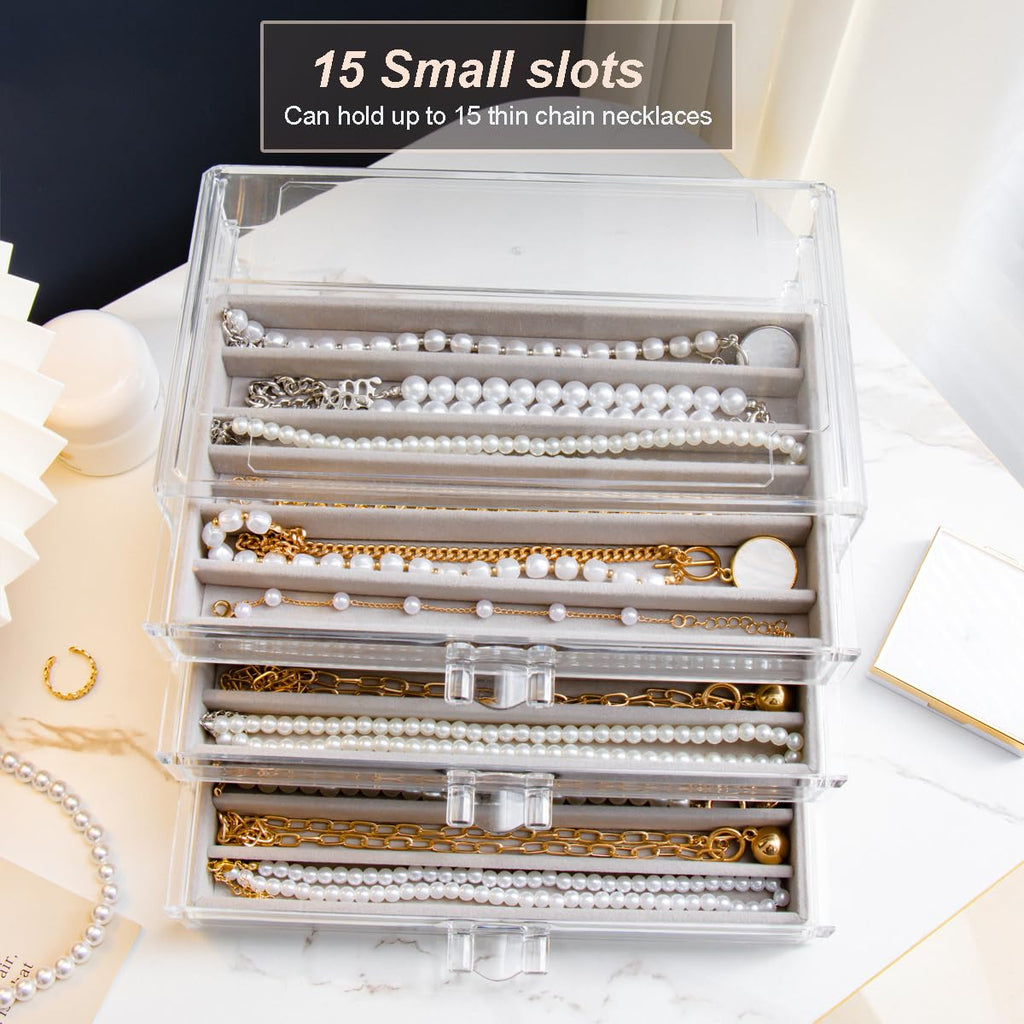 YUFONG Necklace Holder Organizer, Dustproof Necklace Box Velvet Necklace Organizer Box with Lid Clear Acrylic Dustproof Stackable Jewelry Displays for Necklaces Chain Display (Beige, 3 Drawer)