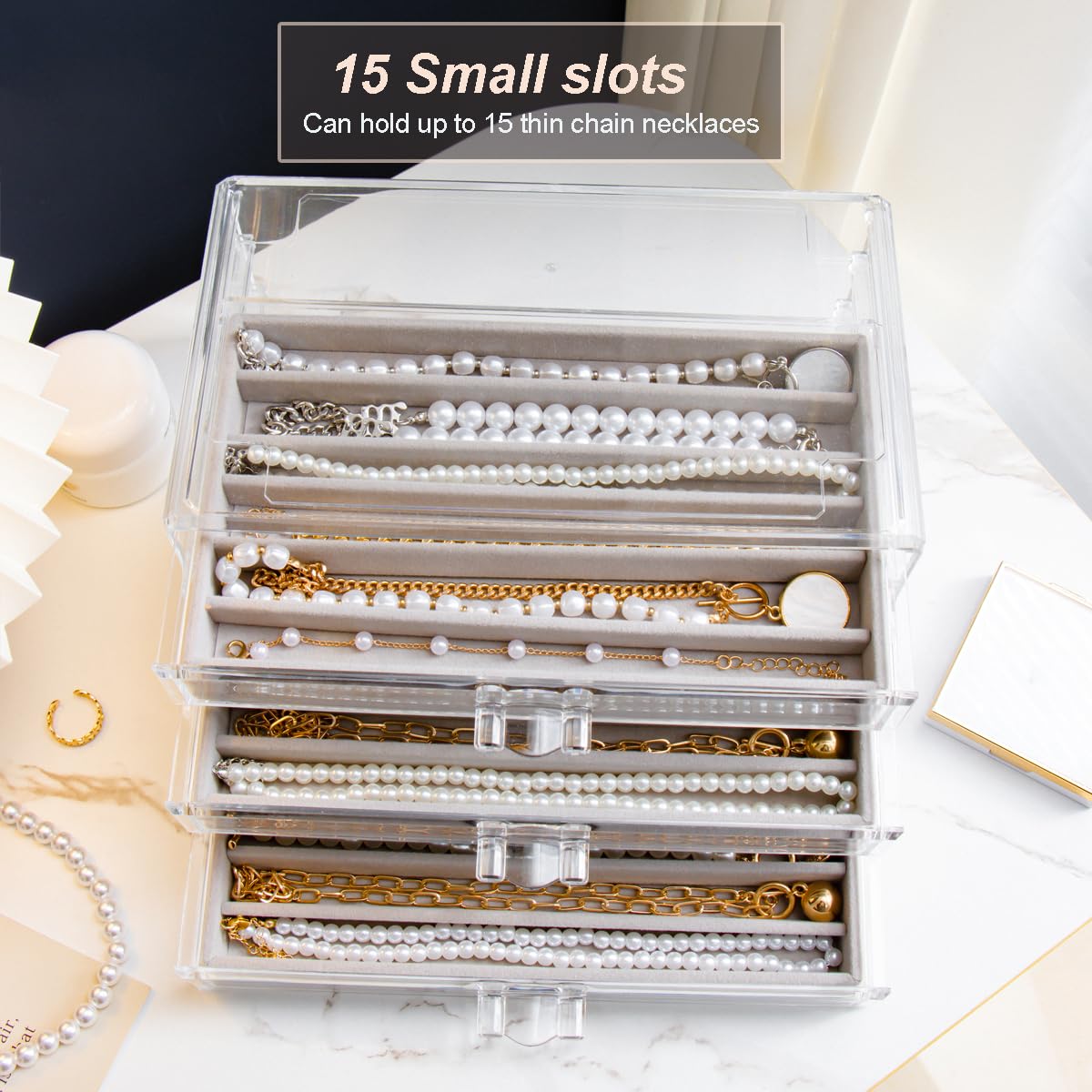 YUFONG Necklace Holder Organizer, Dustproof Necklace Box Velvet Necklace Organizer Box with Lid Clear Acrylic Dustproof Stackable Jewelry Displays for Necklaces Chain Display (Beige, 3 Drawer)