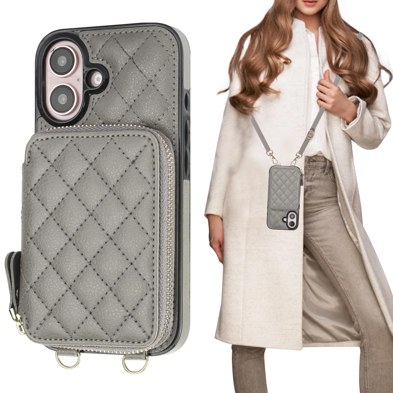 Bocasal Crossbody Wallet Case for iPhone 16, RFID Blocking PU Leather Zipper Handbag Purse Flip Cover, Kickstand Folio Case with Card Slots Holder Wrist Strap Lanyard 5G 6.1 Inch (Black)