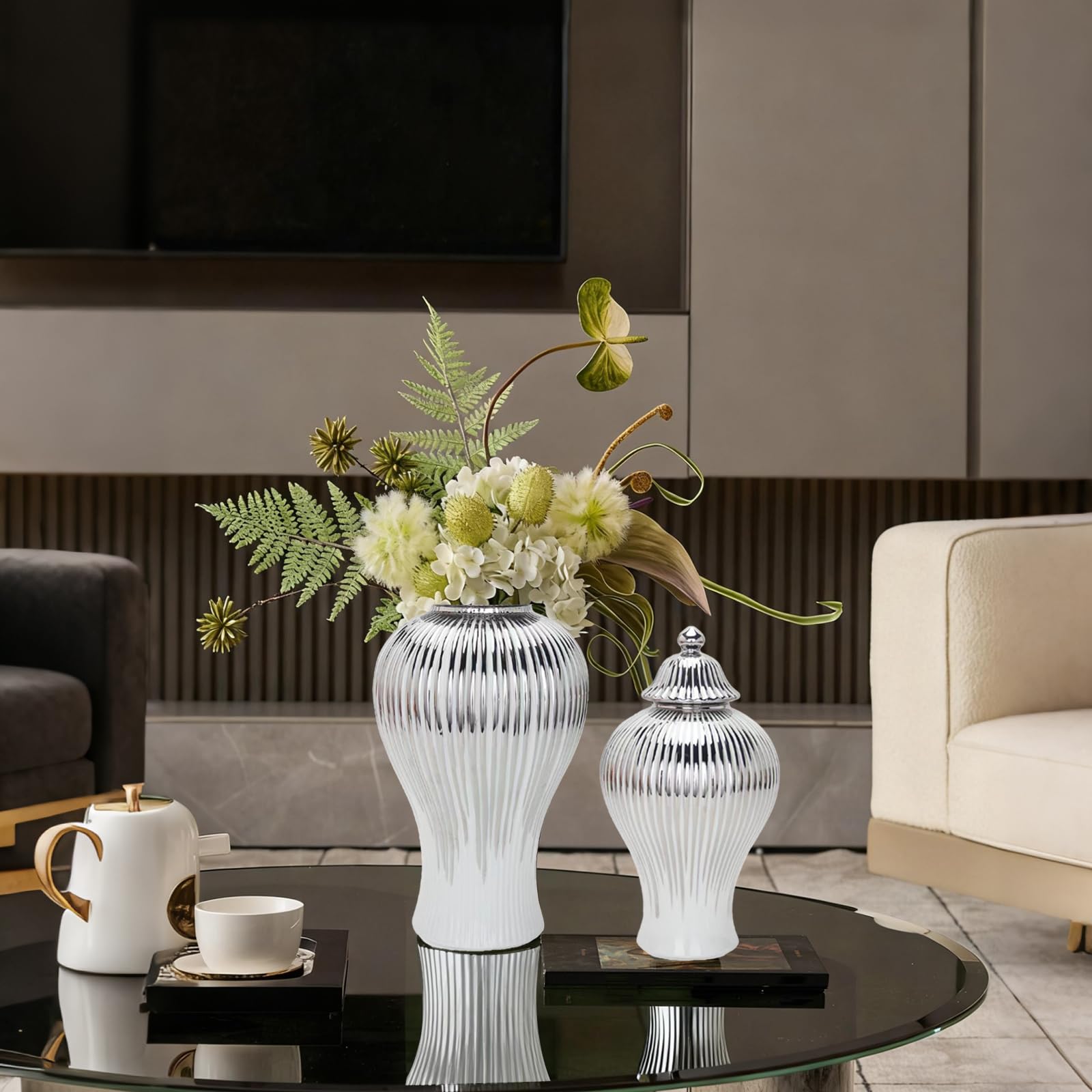 Ginger Jar, White Gold Ceramic Vase Large Handmade Porcelain Vases with Lid, White Gold Decorative Flower Vase for Home, Living Room, Weddings, Centerpieces (18in with Lid)