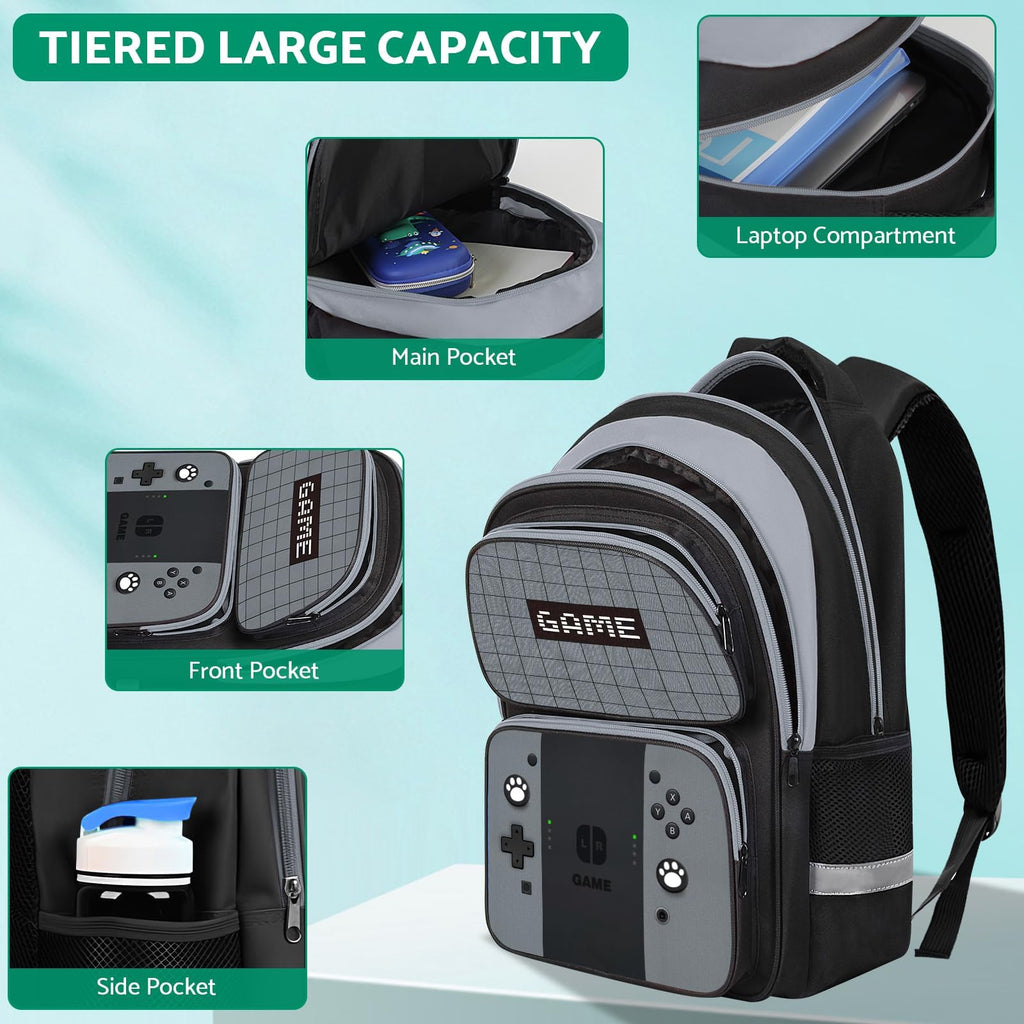 Kids Backpack For Boys，Gamer Boys Backpack For Children Teens Elementary Middle School, 17″ Students Bookbag