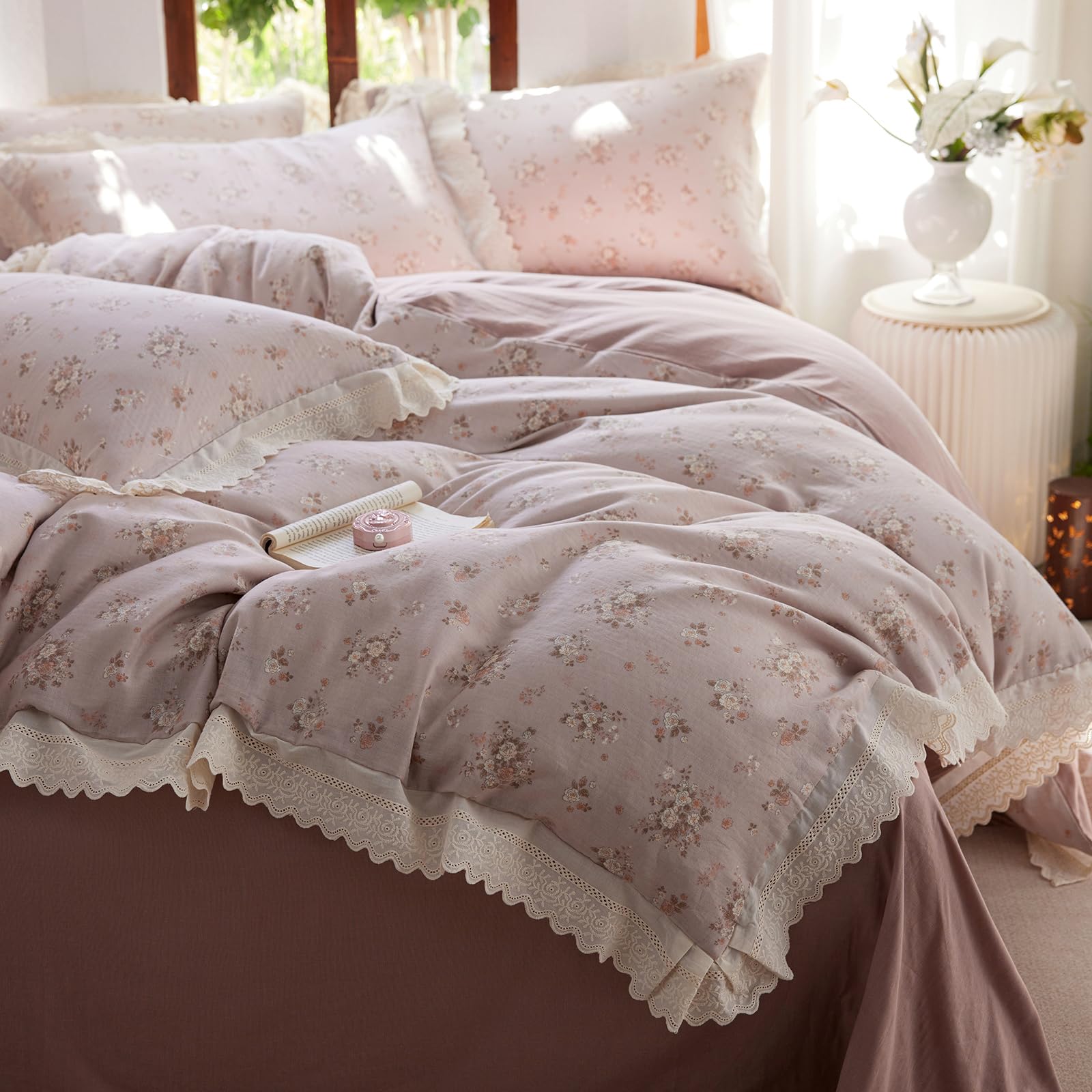 Pink Flower Duvet Cover Twin Chic Floral Print Ruffle Duvet Cover Cotton Lace Comforter Cover Country Style Floral Bedding Set Romantic Ruffle Comforter Cover Flower Bedding Cover with 2 Pillowcases