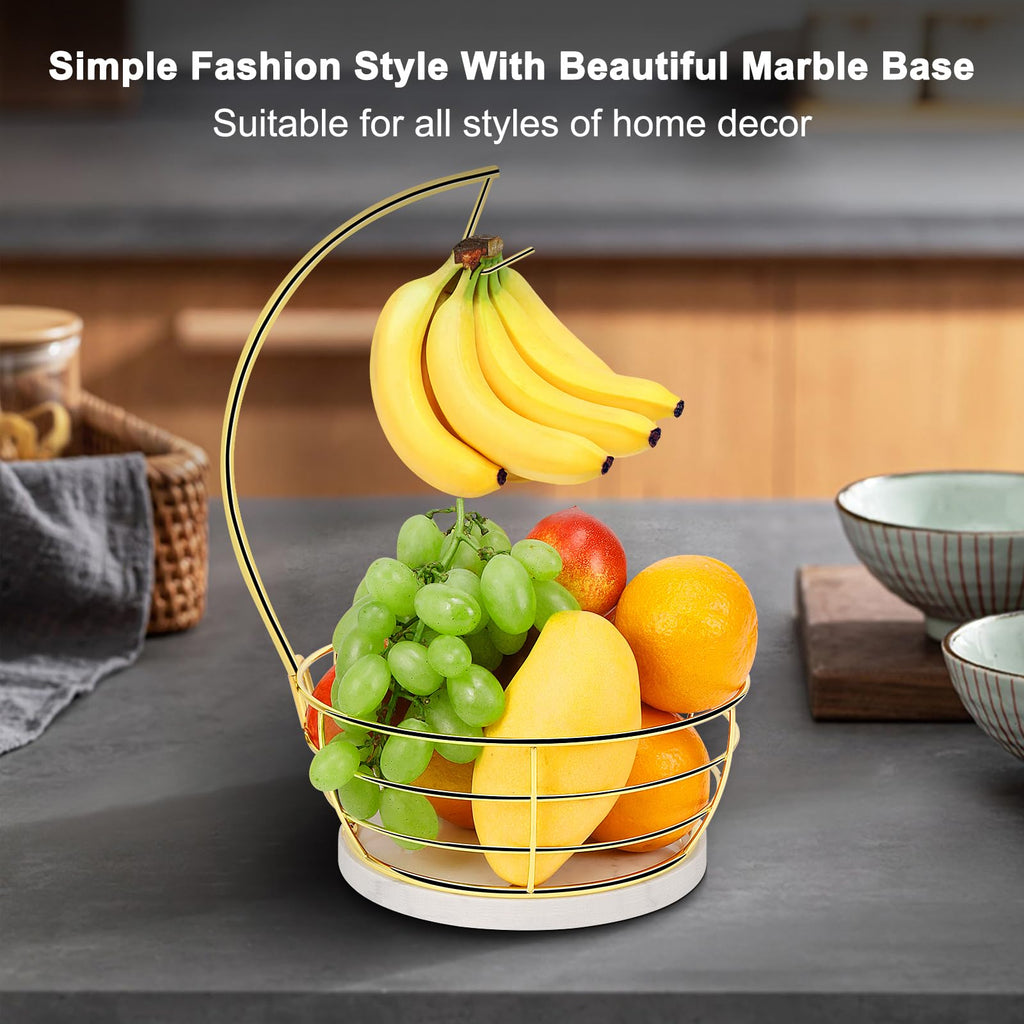 Livabber Countertop Fruit Basket Bowl with Banana Hanger, Modern Standing Fruit Vegetable Bowl Storage, with Banana Tree Holder for Kitchen Dinning Table (Round Marble, Black)