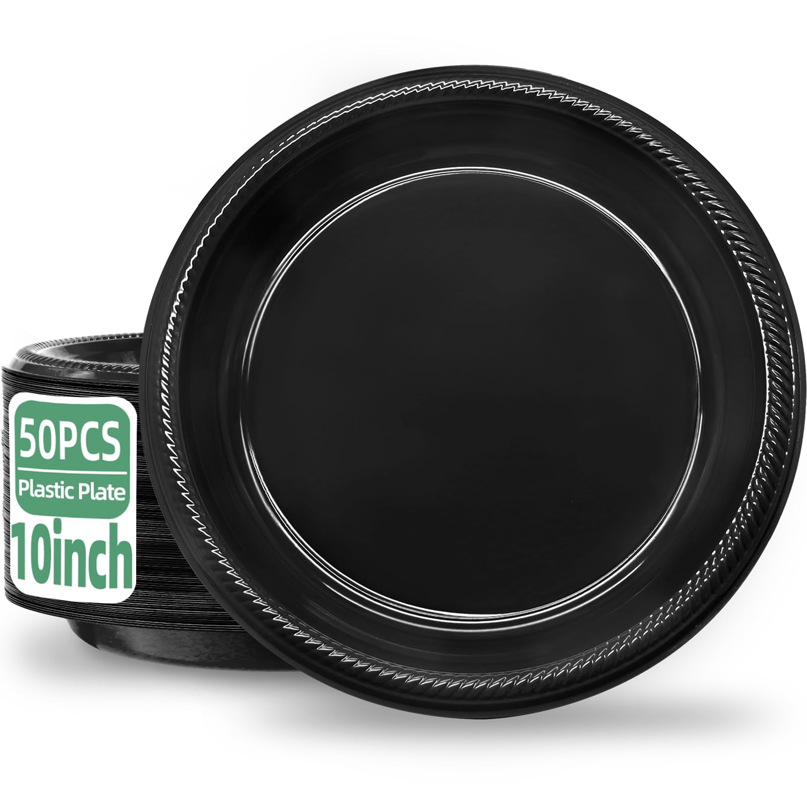 50 Pcs Black Plastic Plates, 10 Inch Black Plates, Black Party Plates Disposable for Birthday Weddings Fathers Day World Cup
