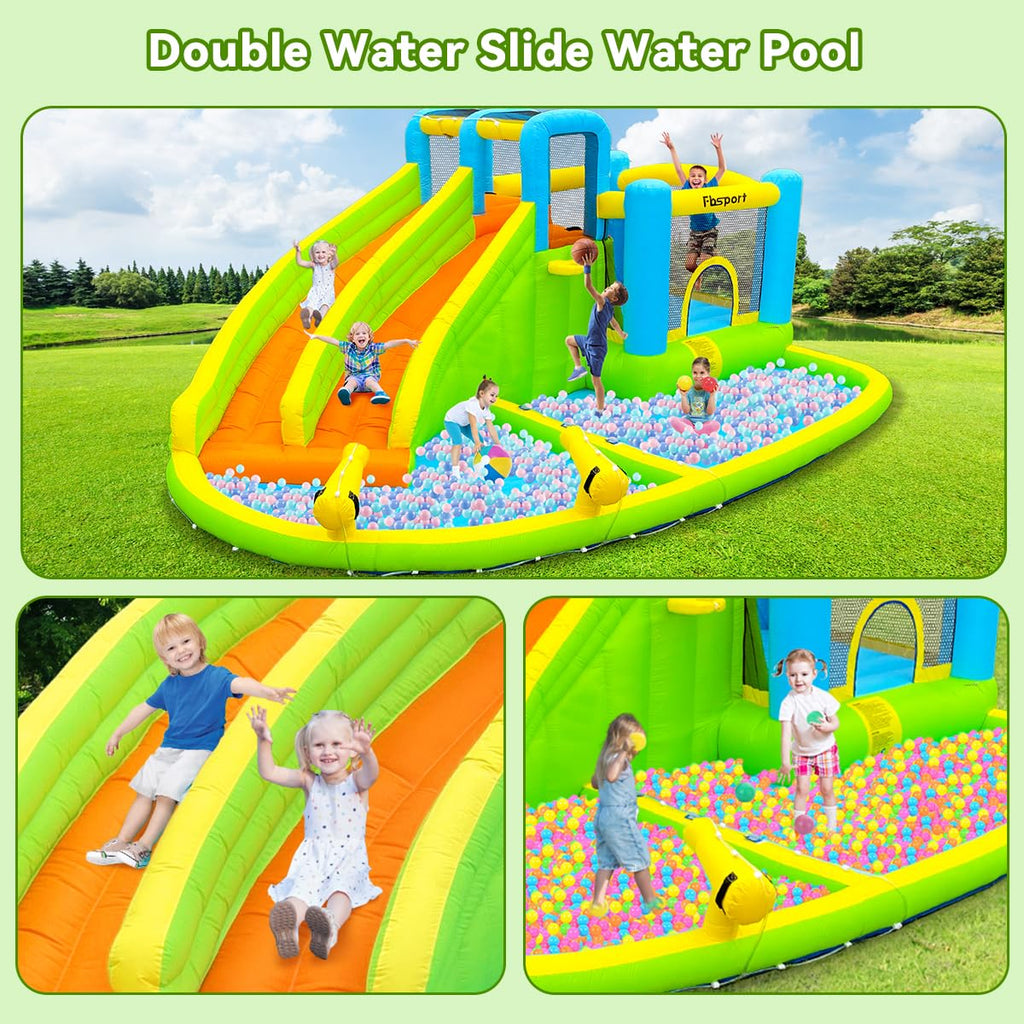 FBSPORT Inflatable Bounce House Double Slide,Water Slide Park Bounce House with Ball Pit,Water Cannon, Climbing Wall, Kids Bouncy Castle with 550W Air Blower for Backyard, Outdoor, Indoor