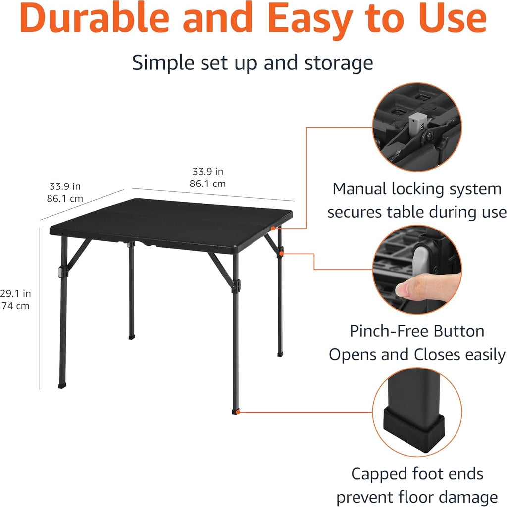 Amazon Basics 34 inch Portable Sturdy Folding Dining Table with Carrying Handle, Space Saving Storage, Square, 33.9 x 29.1 x 33.9 inch, Black | Folding