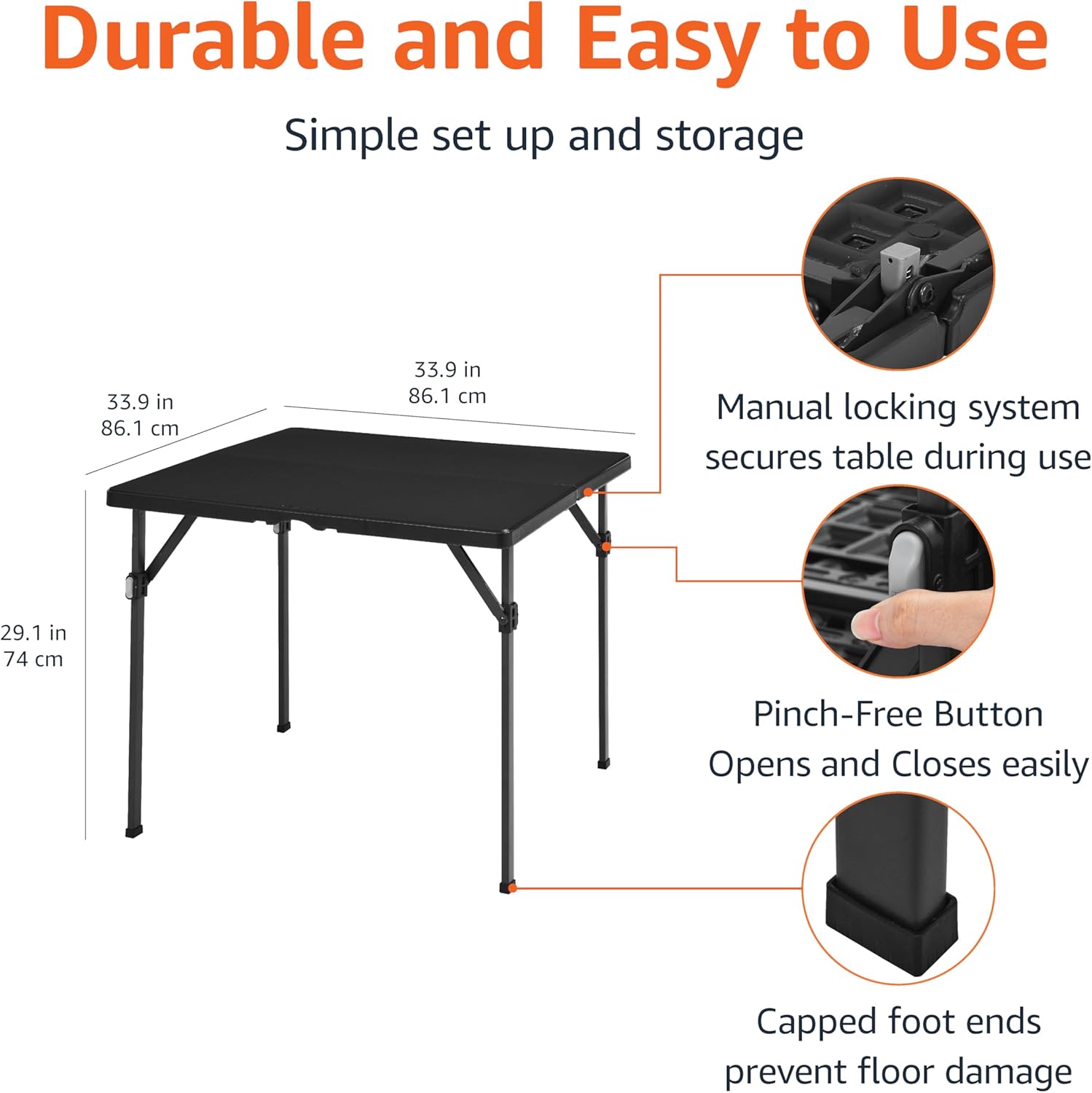 Amazon Basics 34 inch Portable Sturdy Folding Dining Table with Carrying Handle, Space Saving Storage, Square, 33.9 x 29.1 x 33.9 inch, Black | Folding