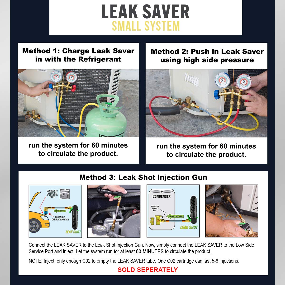 Leak Saver Direct Inject Small System with UV Dye - Refrigerant Leak Sealer - Detects Large Leaks - Ideal for Most Small Home Appliances and HVAC Systems up to 1 Ton - Proudly Made in The USA