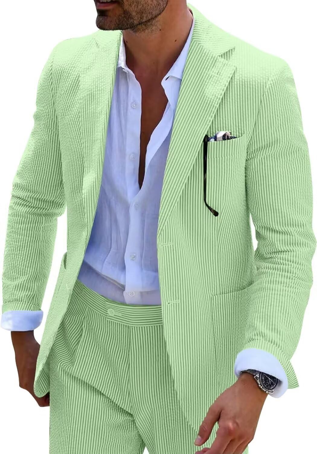 Wehilion Men's Seersucker Summer Suit Groom Wedding Seersucker Outfit Slim Fit Formal Suit Set for Men