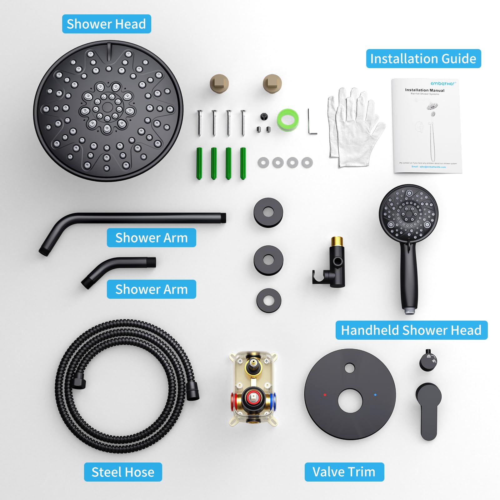 EMBATHER Shower Faucets Sets Complete, with 3 Setting High Pressure Shower Head Combo, Bathroom Wall Mounted Rainfall Shower System Fixtures with 8-Mode Handheld Spray, Brushed Nickel