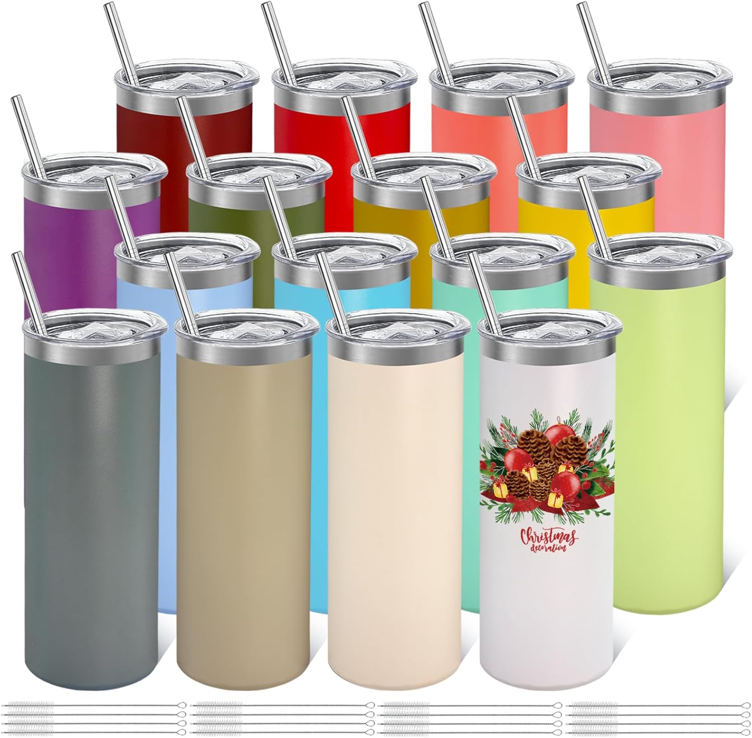 YOUKE OLA 16 Pack Stainless Steel Skinny Tumblers Bulk Straight Double Wall Powder Coated Insulated Tumbler with Lid and Straw for Laser Engrave, DIY Gift, 20oz Mix Colors