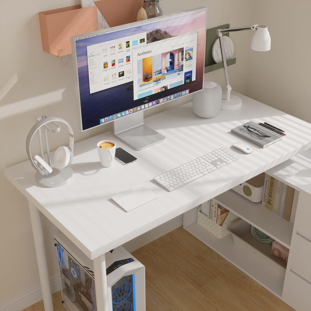 Bobve L Shaped Computer Desk, 47 Inch Home Office Desk with File Drawers & Storage Shelves, Small Corner Computer Desk for Small Space (Black + White)