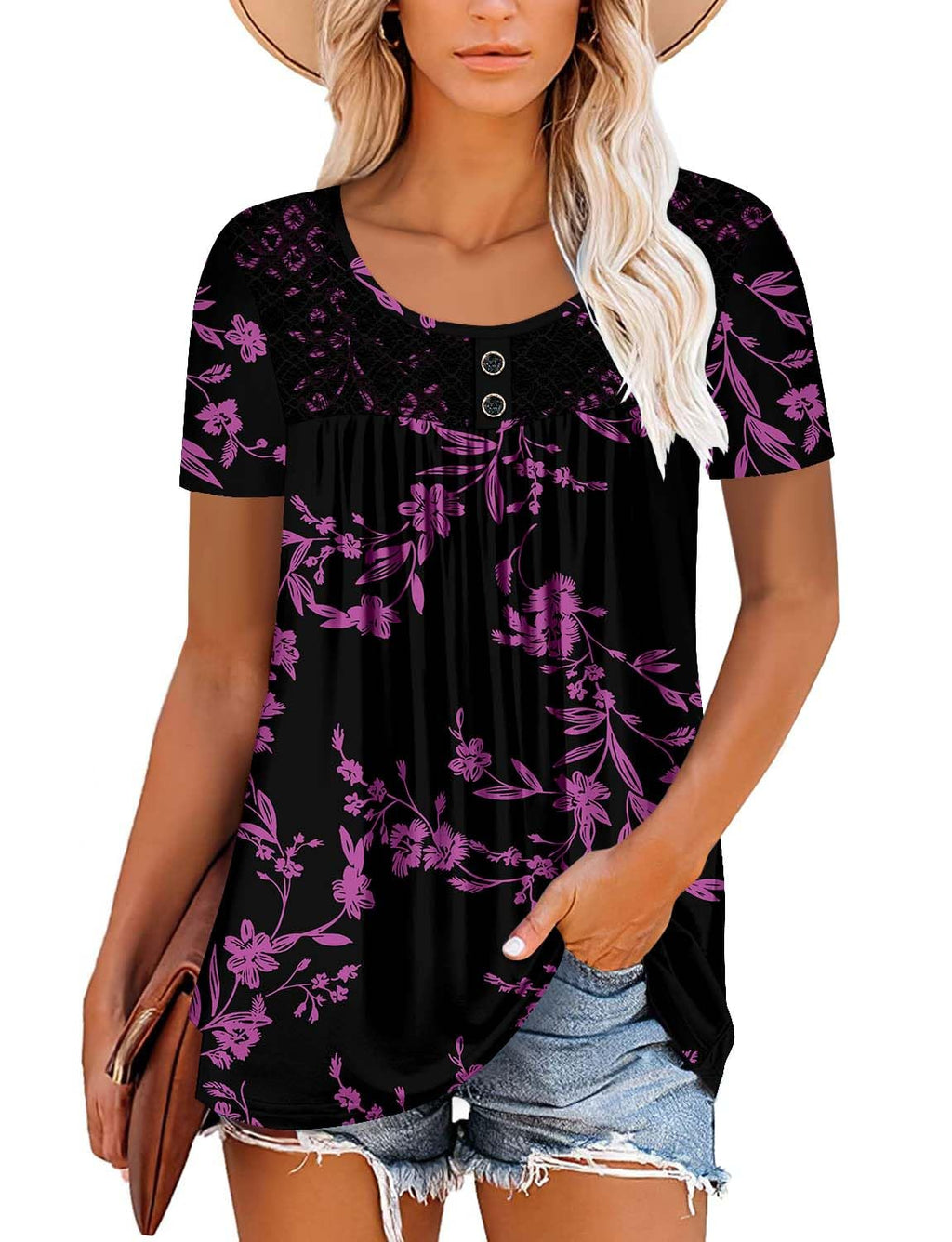 Mystry Zone Womens Henley V Neck Casual Blouse Button Down T Shirts Flare and Flowy Tops