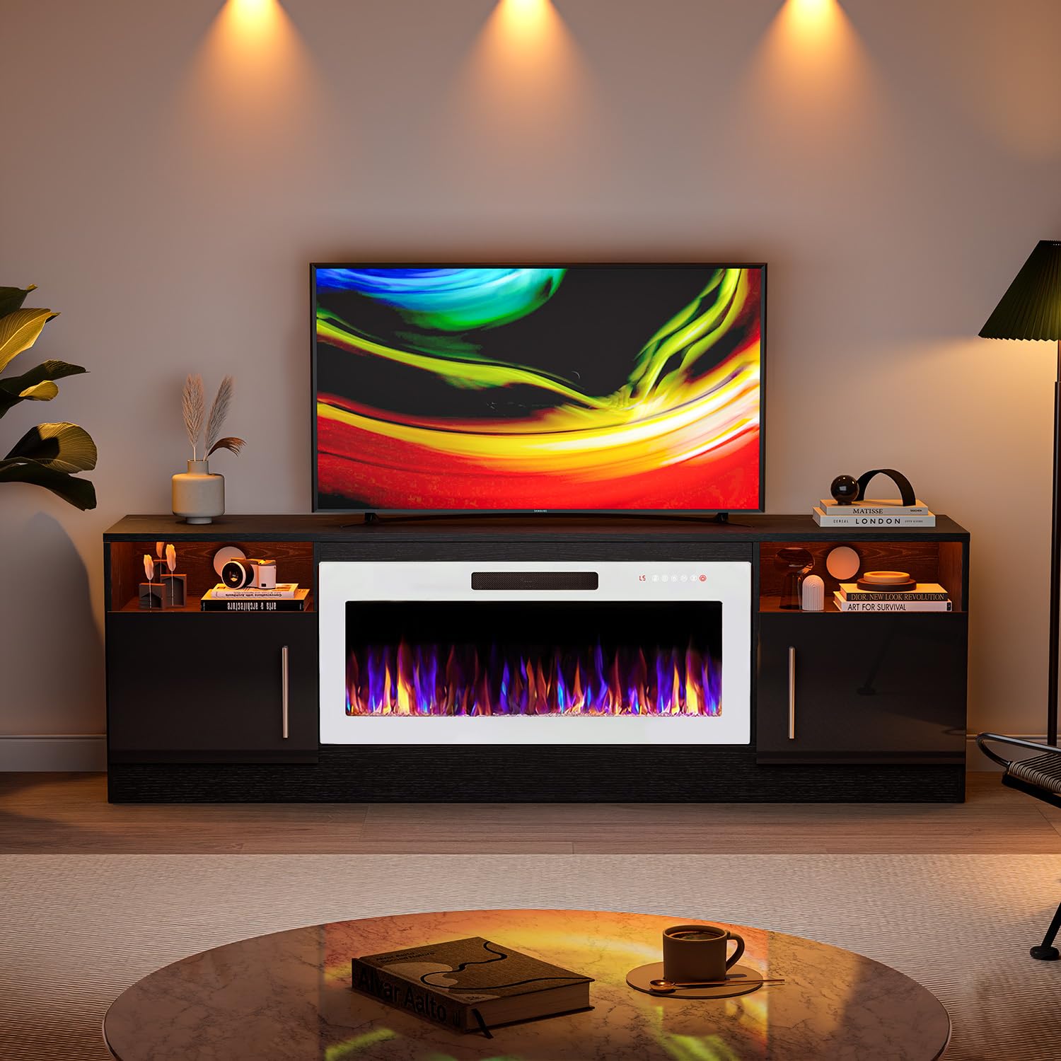 VITESSE 58 Inches Fireplace TV Stand for TVs up to 65 Inches Console with 18'' Electric Fireplace & Remote,Wooden Modern Entertainment Center for Living Room with LED Light Glass Shelves（Bei）