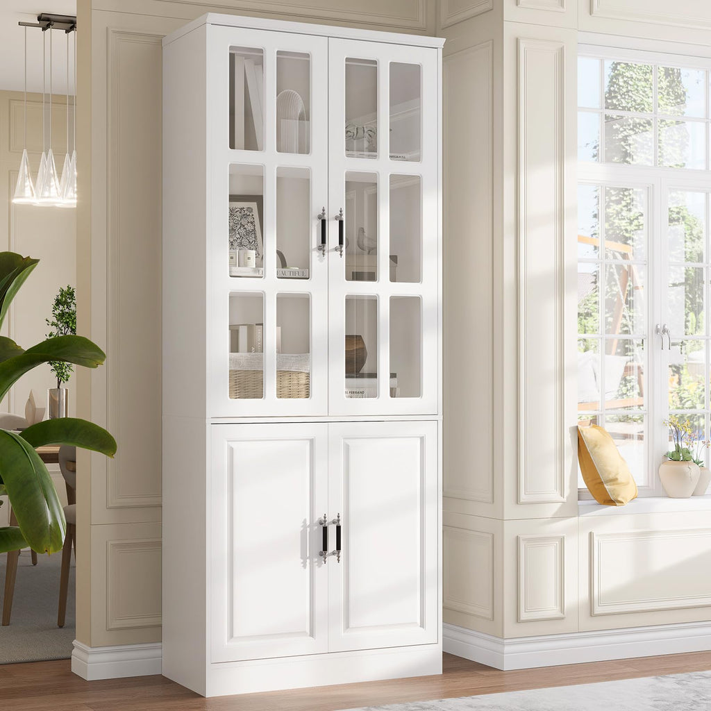 MEISSALIVVE Kitchen Pantry Storage Cabinet with LED Lights, 78.7" Tall with Glass Doors & Drawers, Freestanding Utility Cabinet, Black (31.5" W x 15.7" D)