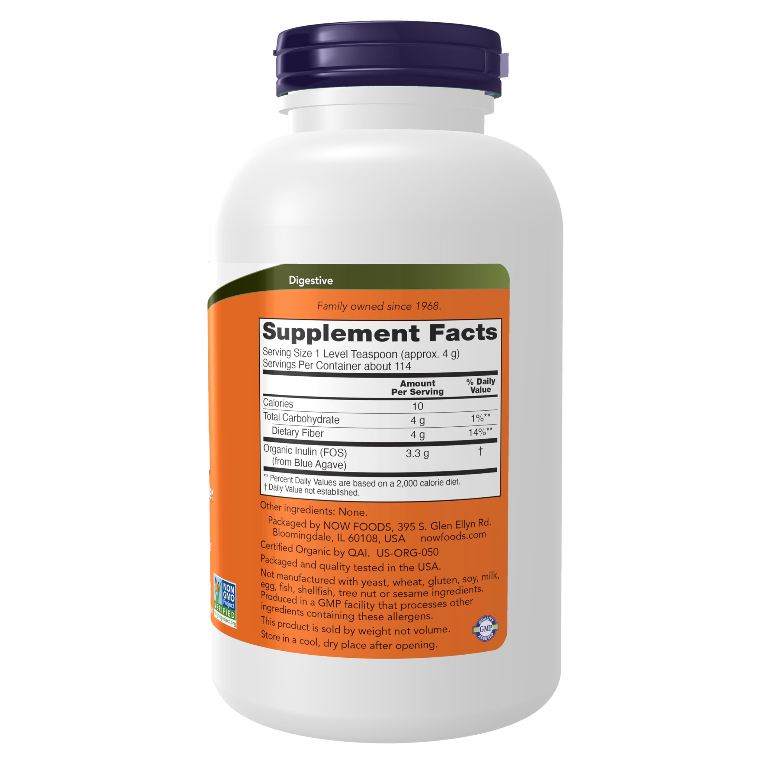 NOW Foods Suplementos, polvo puro prebiótico de inulina, certificado orgánico, proyecto verificado sin OMG, soporte intestinal*, 1 libra