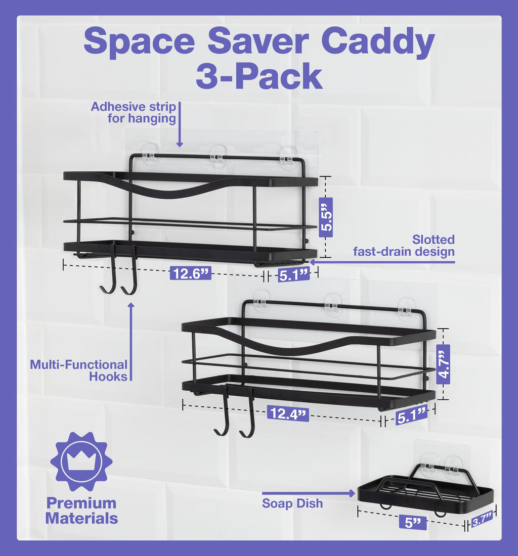 KINCMAX Premium Shower Caddy, Self Adhesive Shower Organizer w/ 4 Hooks, No Drill Shelves for Inside Shower, Rustproof Stainless Steel Shower Rack for Bathroom, Matte Black