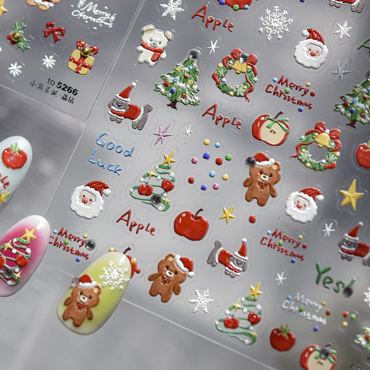 Christmas Nail Art Stickers Decals 5D Embossed Santa Claus Xmas Tree Nail Decals with Crystal 1PCS Cute Bear Bow Candy Cane Snowflake Christmas Nails Adhesive Stickers for Holiday Manicure Decorations