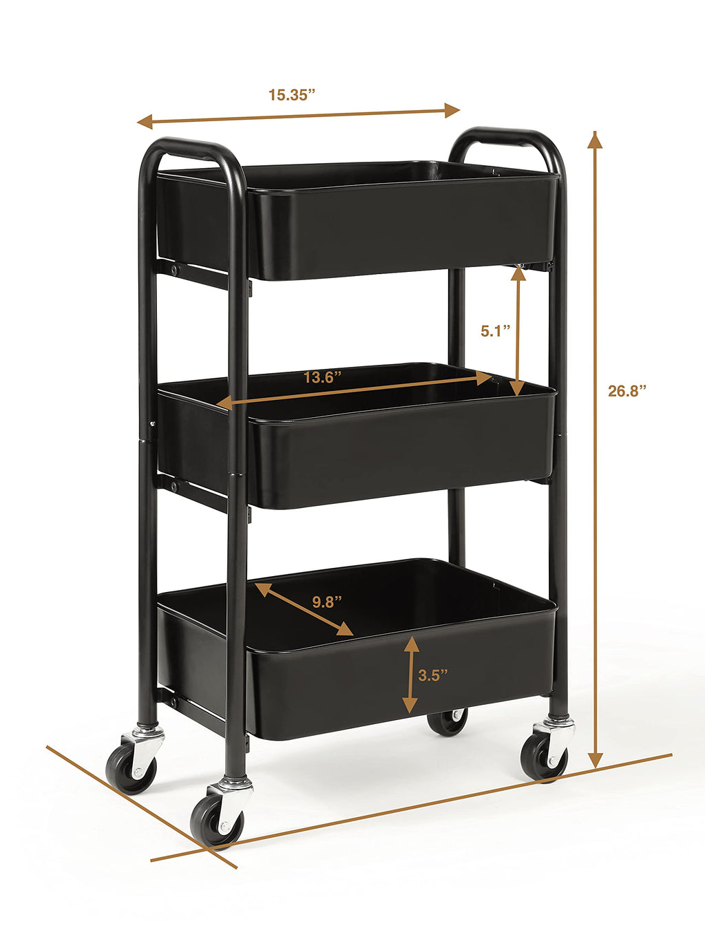 SunnyPoint 3-Tier Delicate Compact Rolling Metal Storage Organizer - Mobile Utility Cart Kitchen/Under Desk Cart with Caster Wheels - Army (15.35" X 10.24" X 26.8"H)