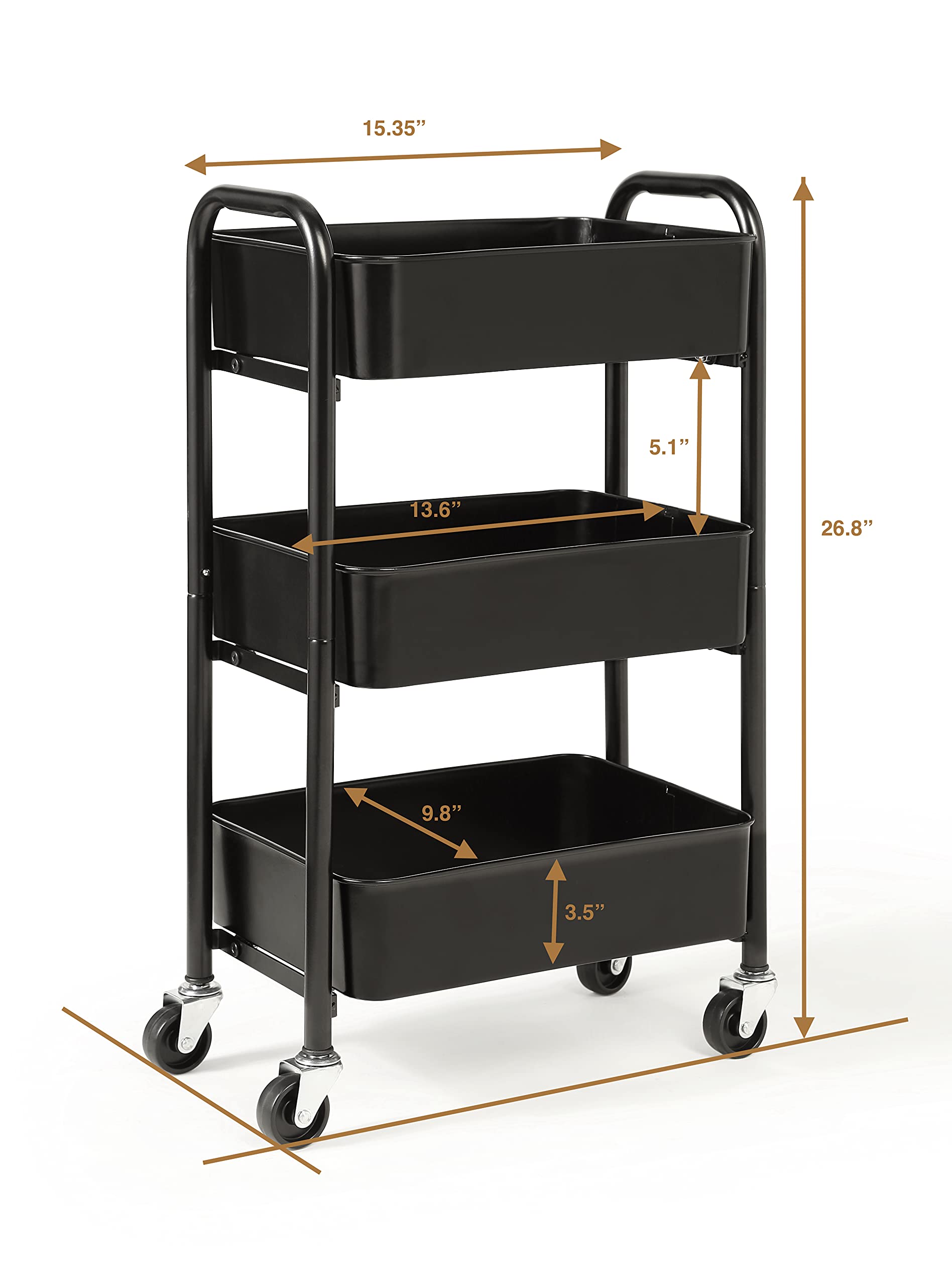 SunnyPoint 3-Tier Delicate Compact Rolling Metal Storage Organizer - Mobile Utility Cart Kitchen/Under Desk Cart with Caster Wheels - Army (15.35" X 10.24" X 26.8"H)