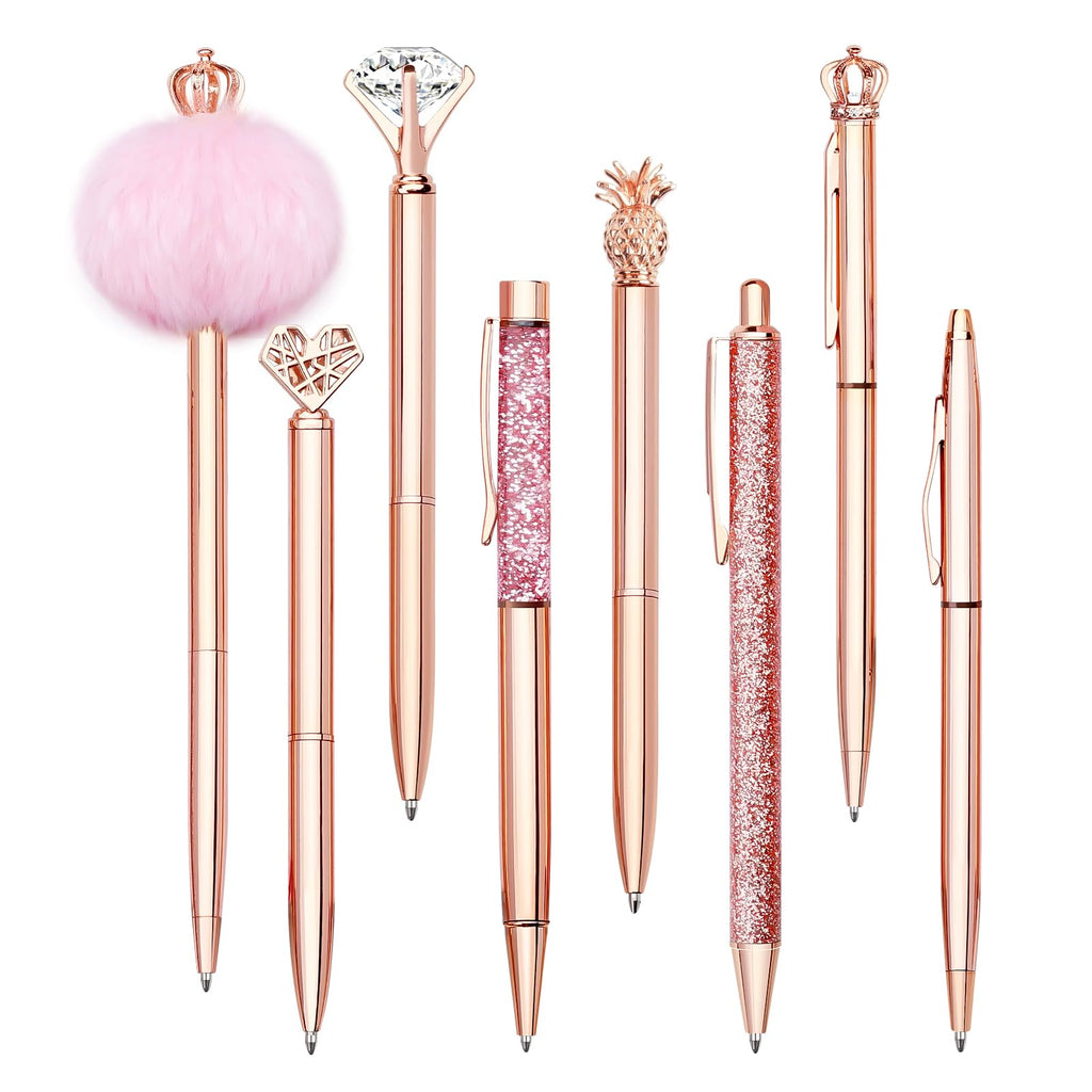 WEMATE 8Pcs Ballpoint Pens Set Metal Crystal Diamond Pen Glitter for Journaling Black Pen Bling in Black & Blue Ink Pretty Cute Pens Fancy Pens Gifts for Women Wedding School Office Desk(Black)