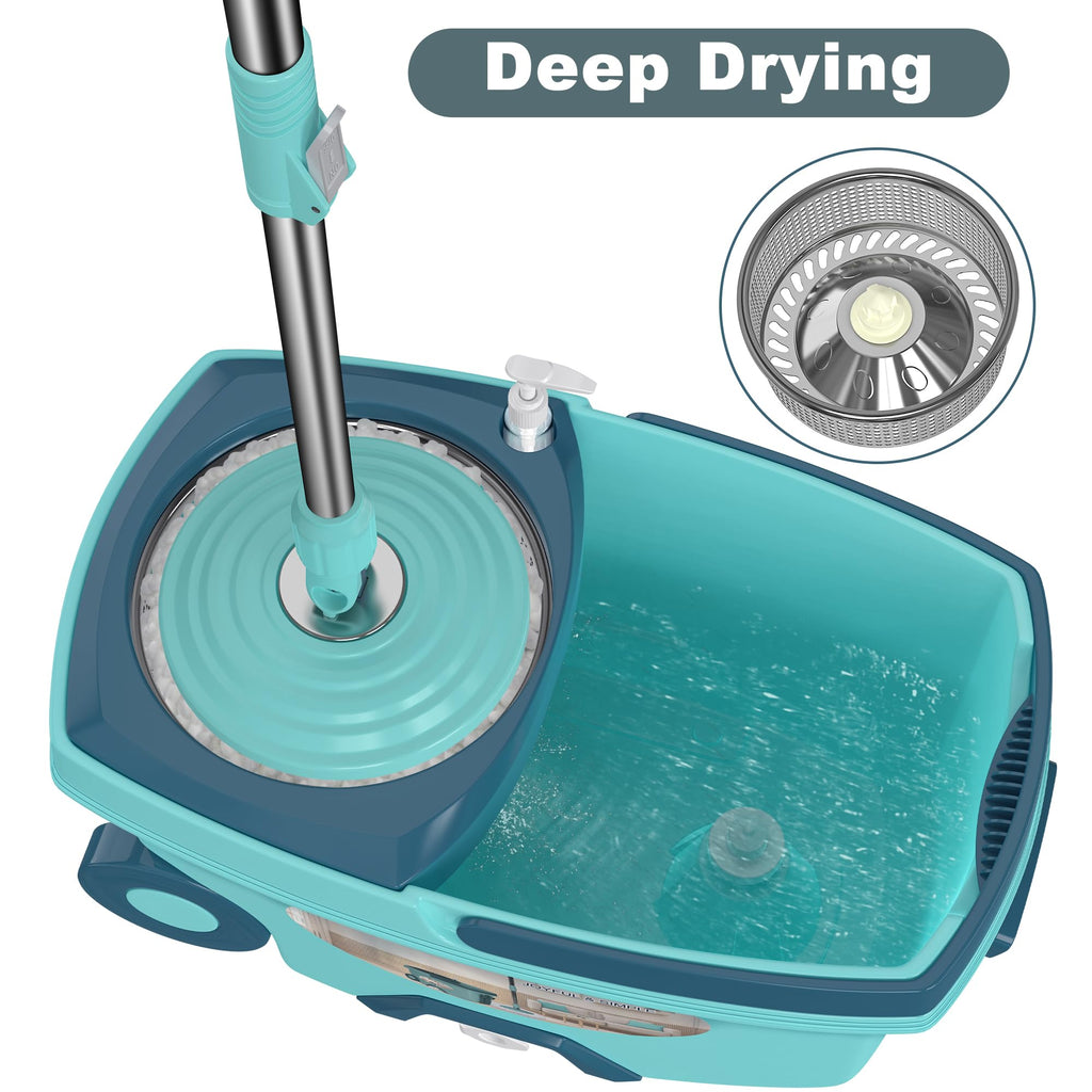 Dual Compartment Spin Mop and Bucket, Mop and Bucket with Wringer Set,360°Rotating Spinning Mopping for Floor Cleaning with 6 Microfiber Replacement Heads, 61" Extended Handle, 2X Wheel - Deep Green
