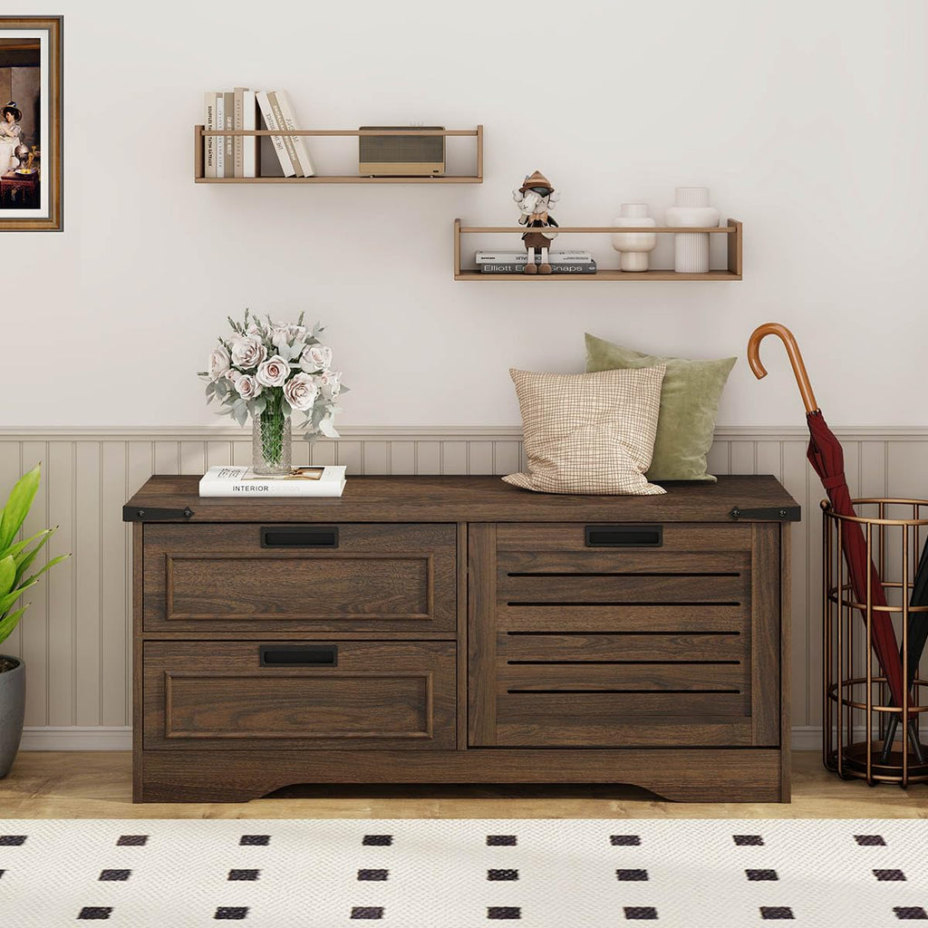 FATORRI Entryway Bench with Storage, 41 Inch Shoe Storage Bench, Industrial Wood Shoe Bench for Entry Way, Living Room, Bedroom and Mudroom (Black)