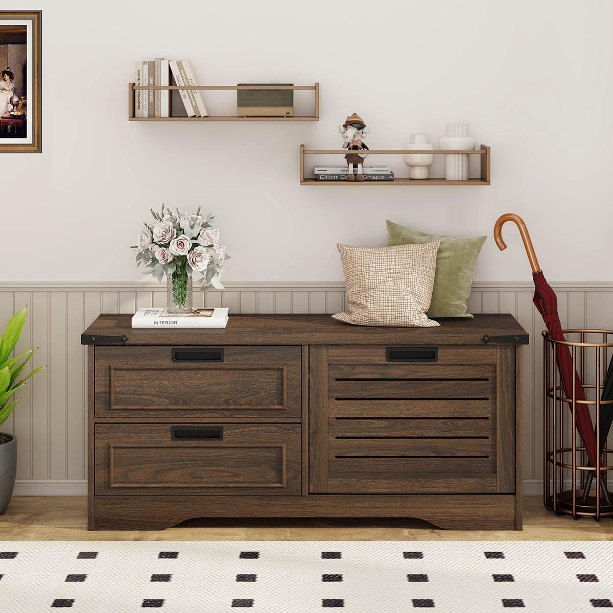FATORRI Entryway Bench with Storage, 41 Inch Shoe Storage Bench, Industrial Wood Shoe Bench for Entry Way, Living Room, Bedroom and Mudroom (Black)