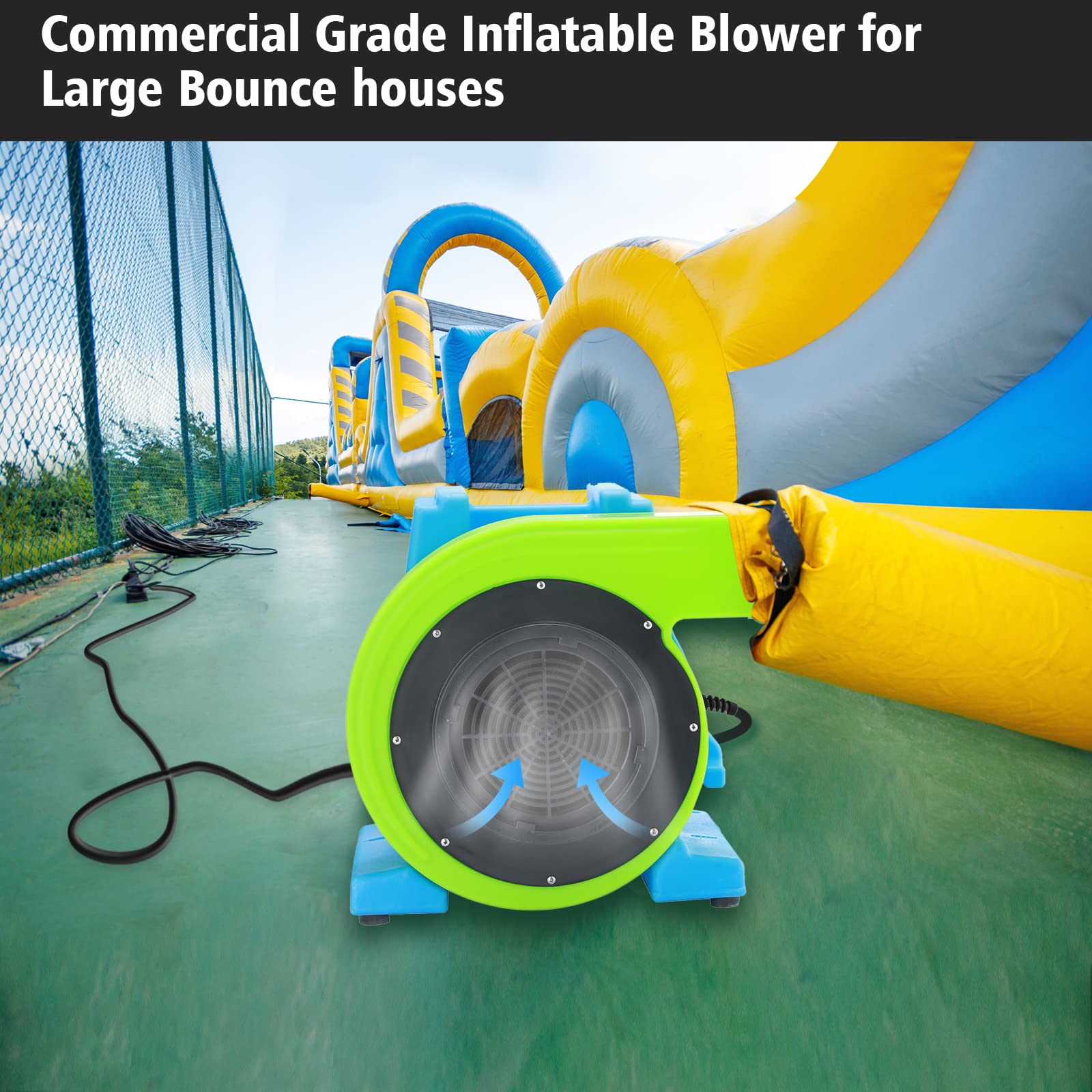 MOUNTO 1HP Inflatable Bounce House Blower, Energy Efficient, Low Amp Draw Inflatable Blower Fan for Inflatable Bounce House, Water Slide, and Obstacle Course for Kids