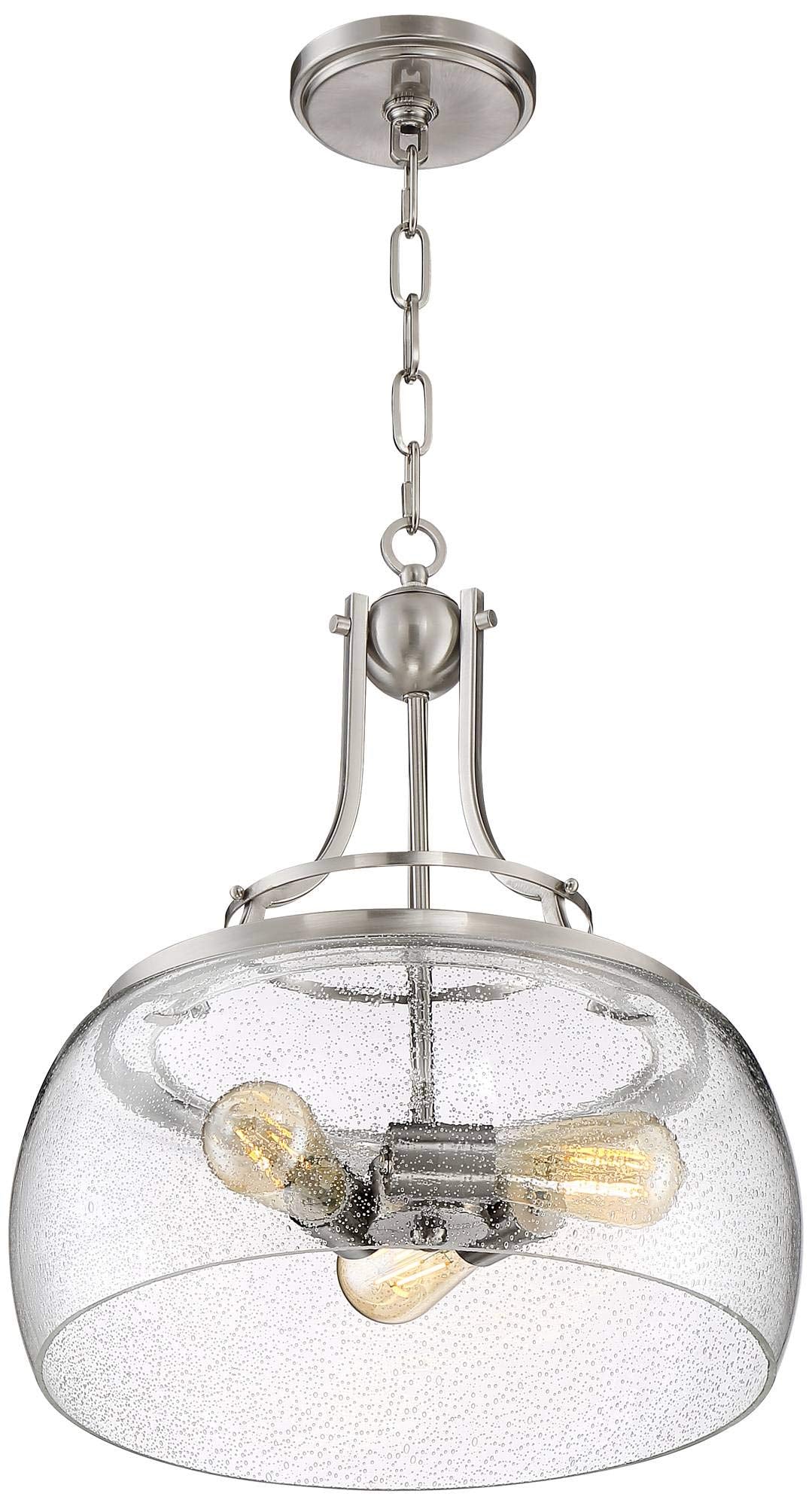 Franklin Iron Works Charleston Satin Nickel Pendant Chandelier 16" Wide Rustic Farmhouse Seeded Clear Glass LED 3-Light Fixture for Dining Room House Foyer Entryway Kitchen Bedroom Living Room