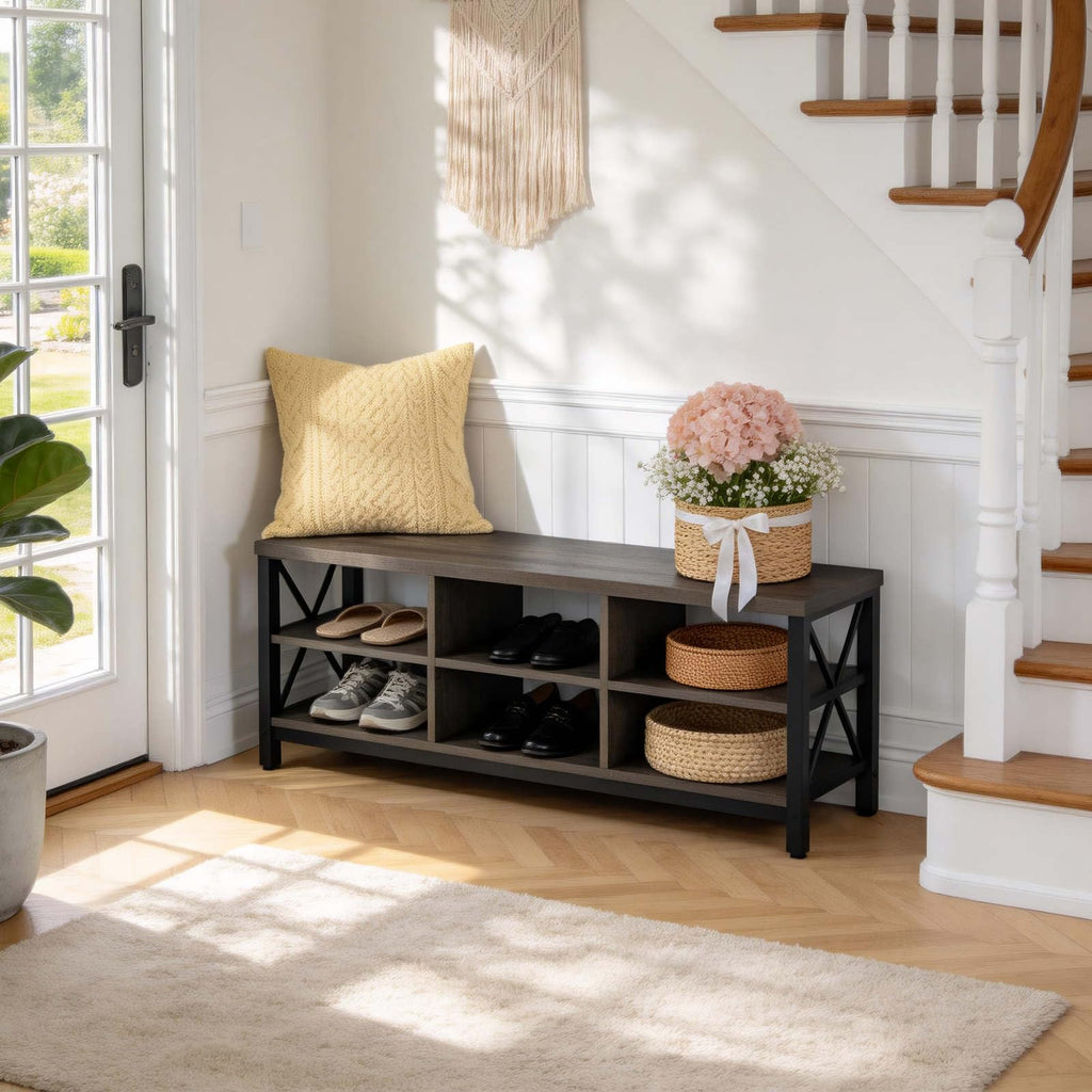 FATORRI Entryway Bench with Storage, 41 Inch Shoe Storage Bench, Industrial Wood Shoe Bench for Entry Way, Living Room, Bedroom and Mudroom (Black)