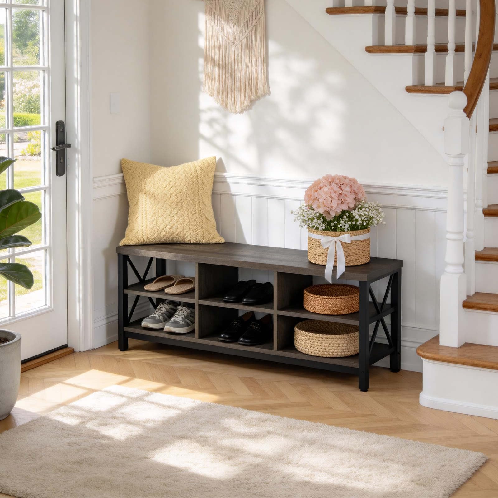 FATORRI Entryway Bench with Storage, 41 Inch Shoe Storage Bench, Industrial Wood Shoe Bench for Entry Way, Living Room, Bedroom and Mudroom (Black)