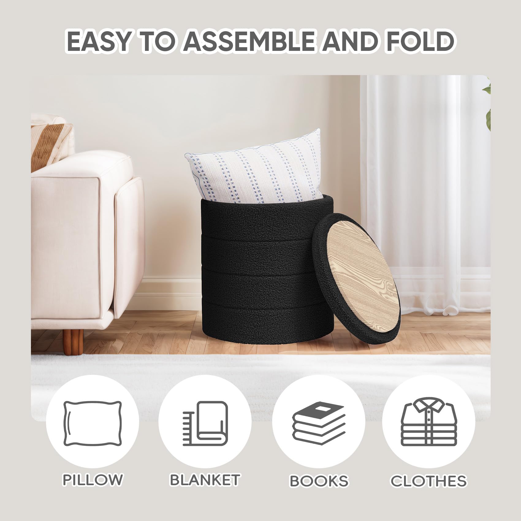 PINPLUS Round Storage Ottoman Foot Rest Stool with Tray Velvet Sherpa Folding Storage Ottoman,Boucle Foot Rest for Living Room, Bedroom, Dorm（Beige）