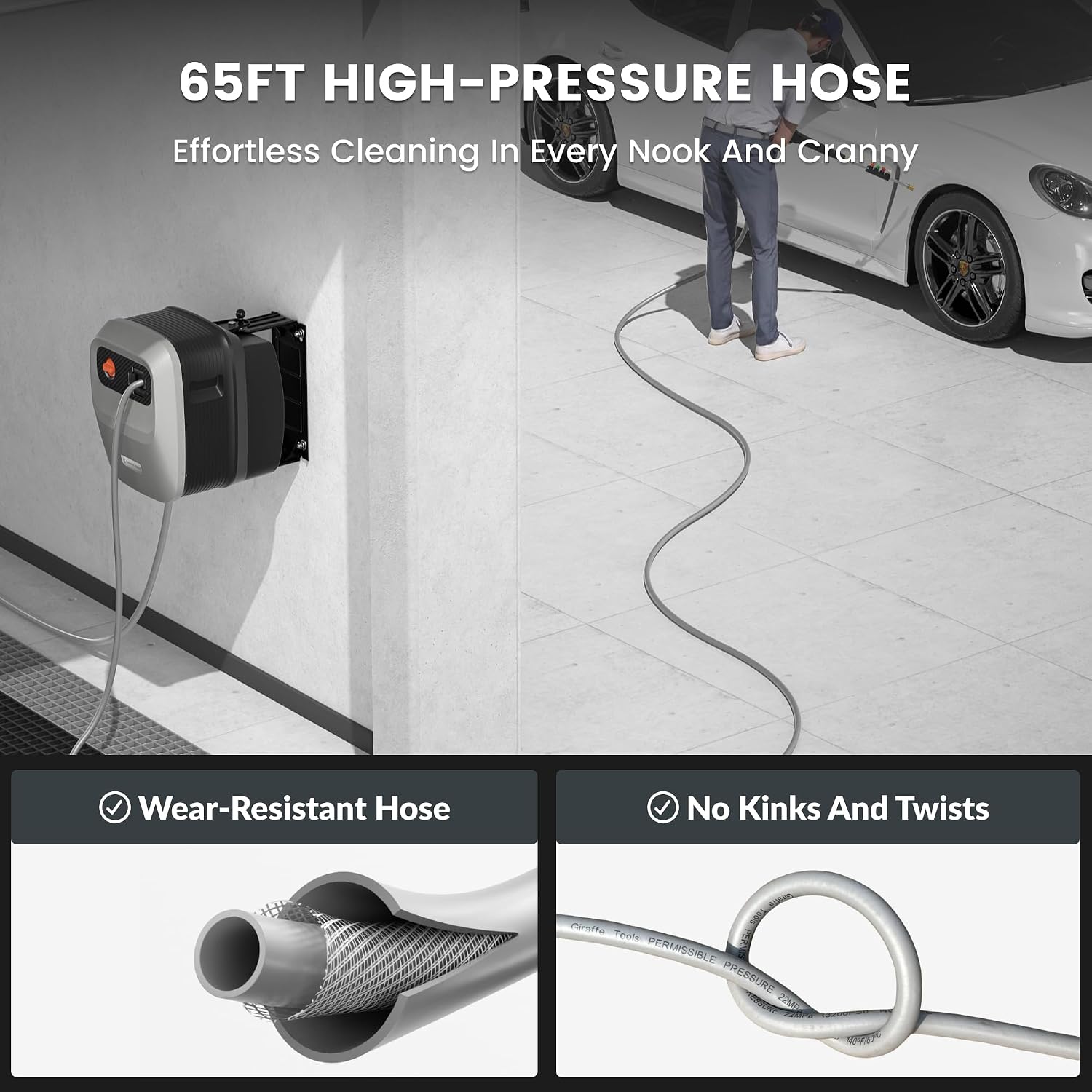 Giraffe Tools Grandfalls Retractable Pressure Washer G20, 2500 PSI 2.2 GPM, 180° Wall Mounted Power Washer, Auto-Retract with 65FT Hose Reel, 5 Nozzles for Floor/Cars/Fences/Patios, Light Silver
