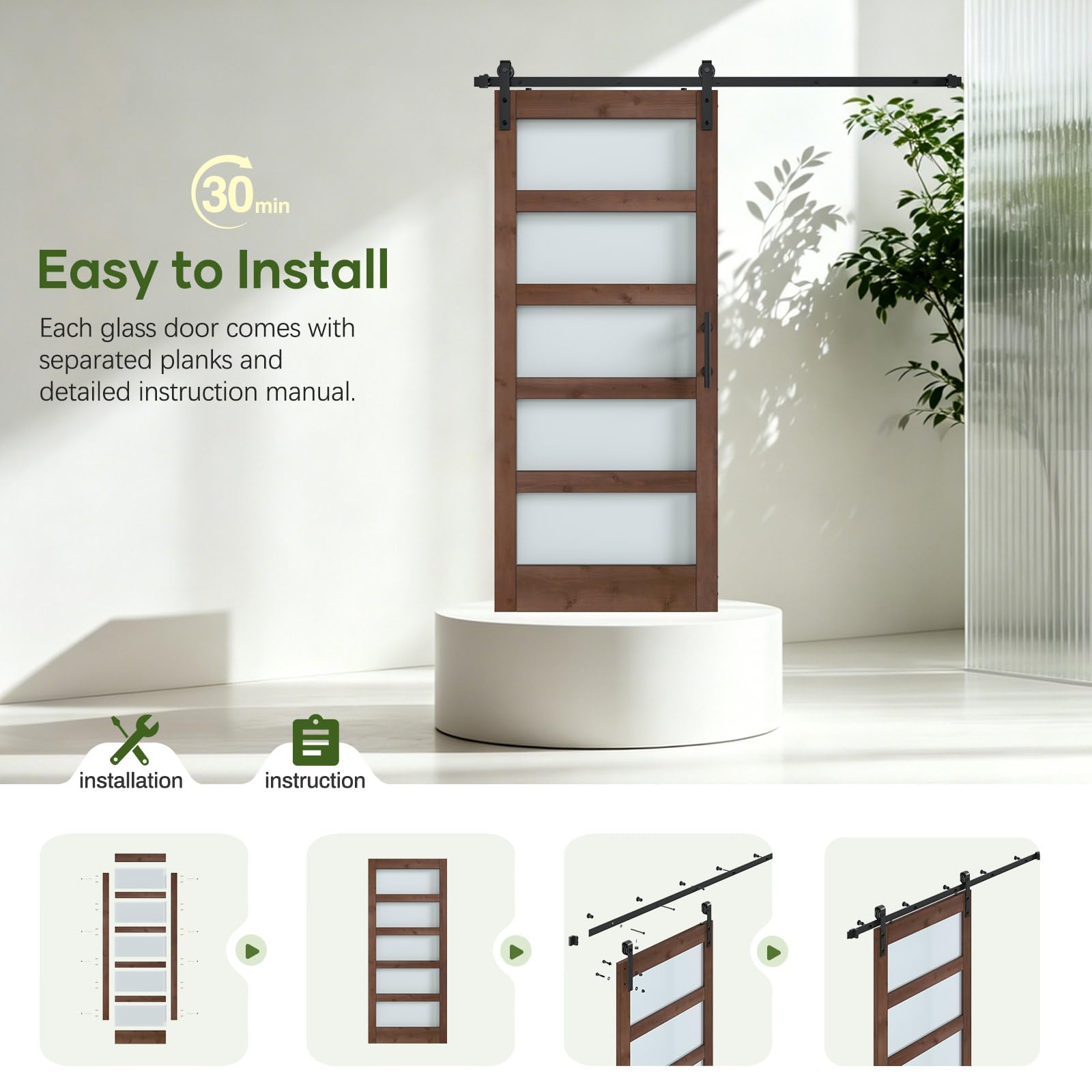 Double 18×84 inch Glass Sliding Barn Door Slab with 6.6ft Hardware Kit Included, 5-Panel Frosted Glass, Spruce Wood Support DIY Dyeing, Easy Assembly