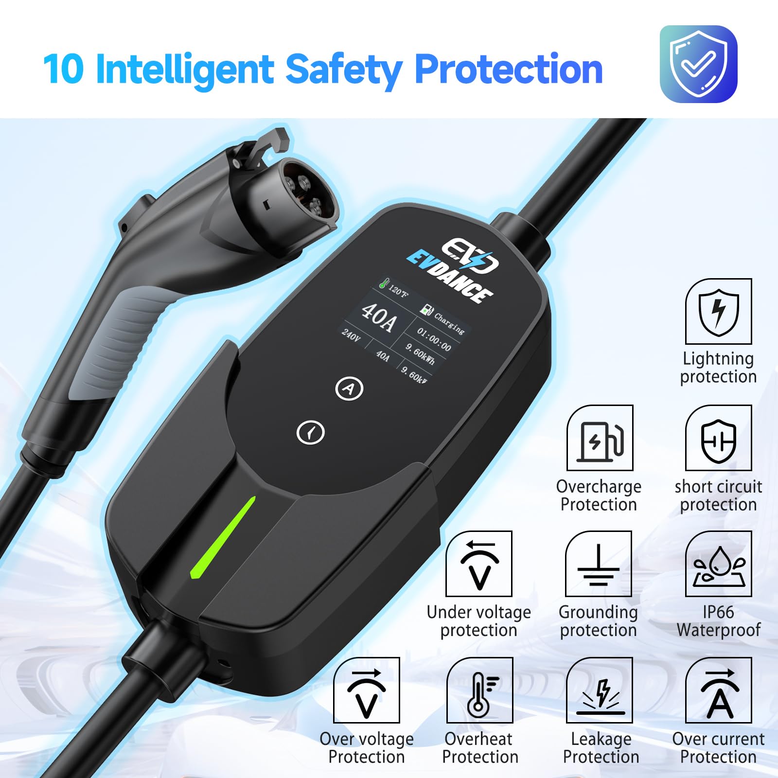 EVDANCE Level 2 EV Charger 40Amp, 240V 9.6KW Portable Electric Vehicle Charging Stations with NEMA 14-50P, 25FT Cable Adjustable Current/Timing Delay Home Electric Car Charger for J1772 BEVs/PHEVs