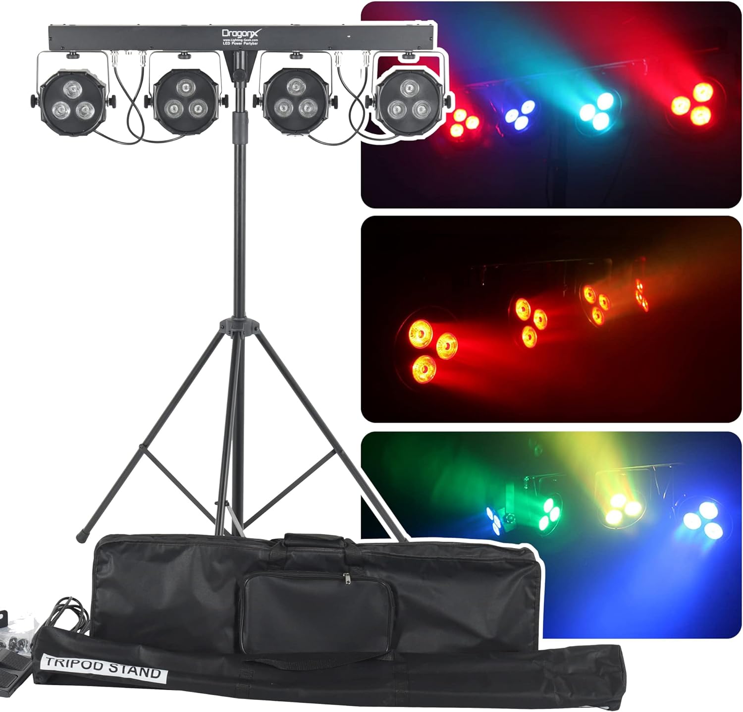 DragonX 4 Gig Bar DJ Lighting System | All-in-One LED Stage Lights with Stand, Foot Pedal & DMX Control | Portable Professional Strobe Lights for DJs, Bands, Weddings, Churches & Live Events