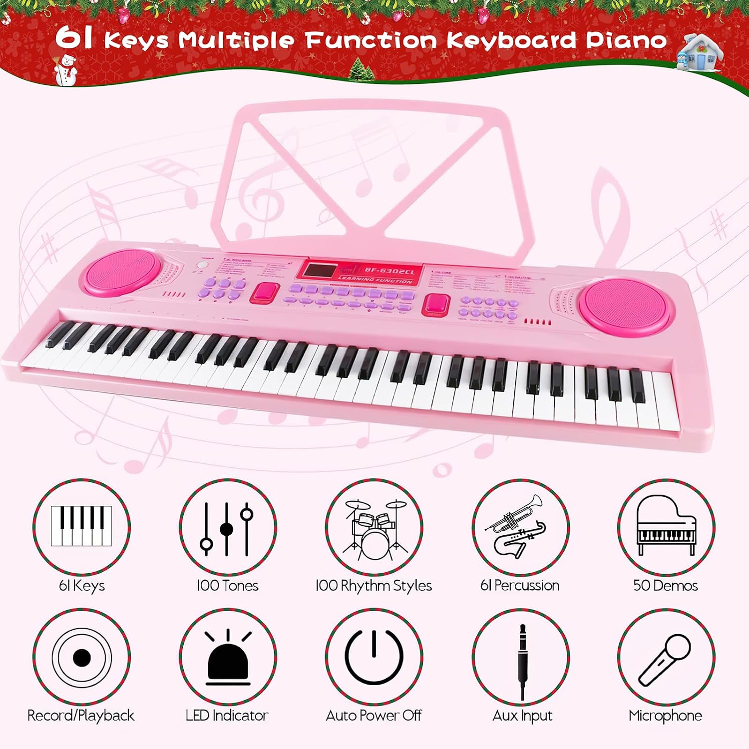WOSTOO 61 Key Piano Keyboard for Kids, Portable 24.6-Inch Electronic Digital Piano with Follow Teaching Mode, Music Stand, Microphone & Recording, Educational Musical Instrument for Beginners, Pink