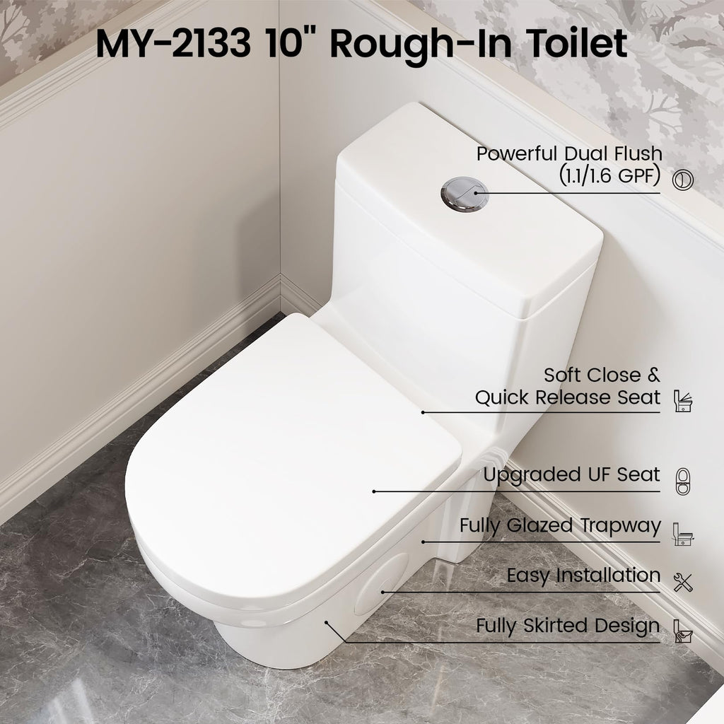 Compact One Piece Toilet for Bathroom, Space-Saving Powerful Dual Flush Round Small Toilet, Average 1.28 GPF, Skirted Design with Upgraded UF Quiet & Soft Close Seat (10" Rough-in Toilet)