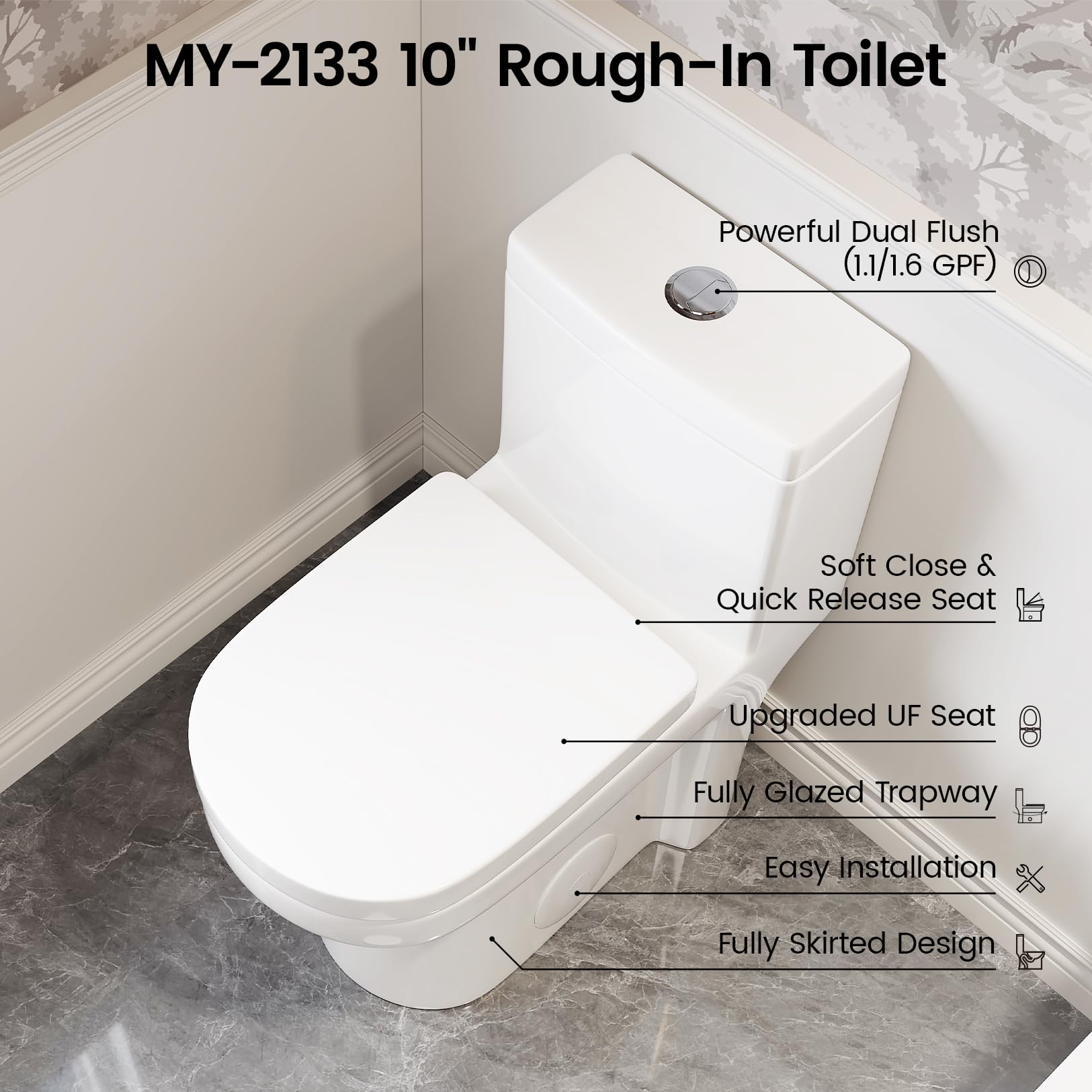Compact One Piece Toilet for Bathroom, Space-Saving Powerful Dual Flush Round Small Toilet, Average 1.28 GPF, Skirted Design with Upgraded UF Quiet & Soft Close Seat (10" Rough-in Toilet)
