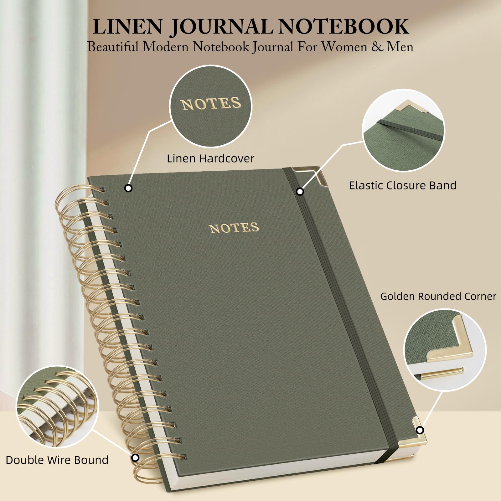 Spiral Notebook Journal, 328 Pages Linen Hardcover College Ruled Notebook, Lined Thick Journals for Women Men, A4 Thick Spiral Journal for Writing, 100GSM Paper, Cute Notebooks for Work School