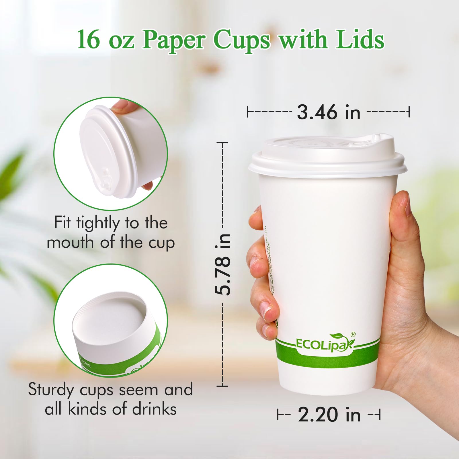 ECOLipak 100 Count 12 oz Compostable Paper Coffee Cups, Biodegradable Disposable Coffee Cups with CPLA Lid, Eco-friendly Hot Drinking Cups for Party, Picnic, Travel, and Events