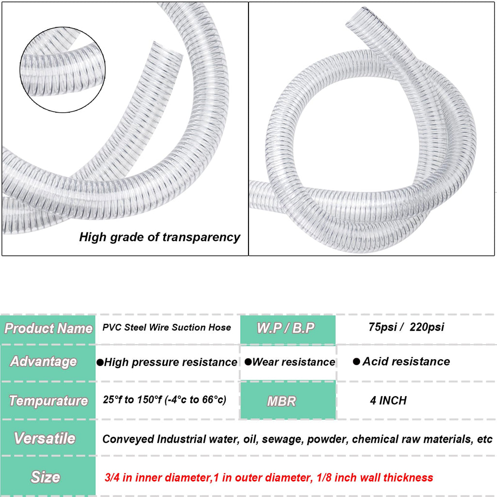 1"id-5ft PVC Reinforced Tubing Steel Wire Suction Flexible Hose Vinyl Tubing Heavy Duty PVC Vacuum Hose Drain Fuel Oil Gas Water for Marine Bilge Pump Pond Spa