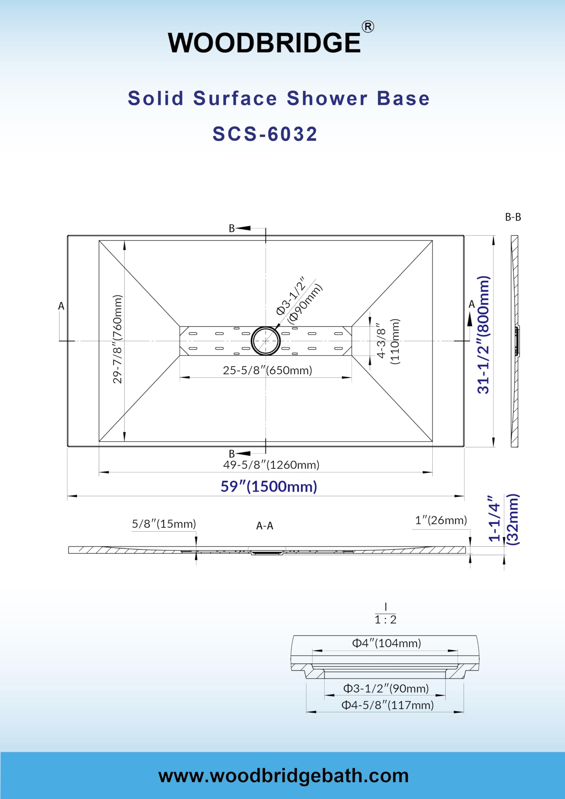 WOODBRIDGE 47.25 in L x 31.5 in W Zero Threshold Shower Base with Center Drain, Decorative Drain Plate, Tile Flange, Wheelchair Access, Low Profile, Black