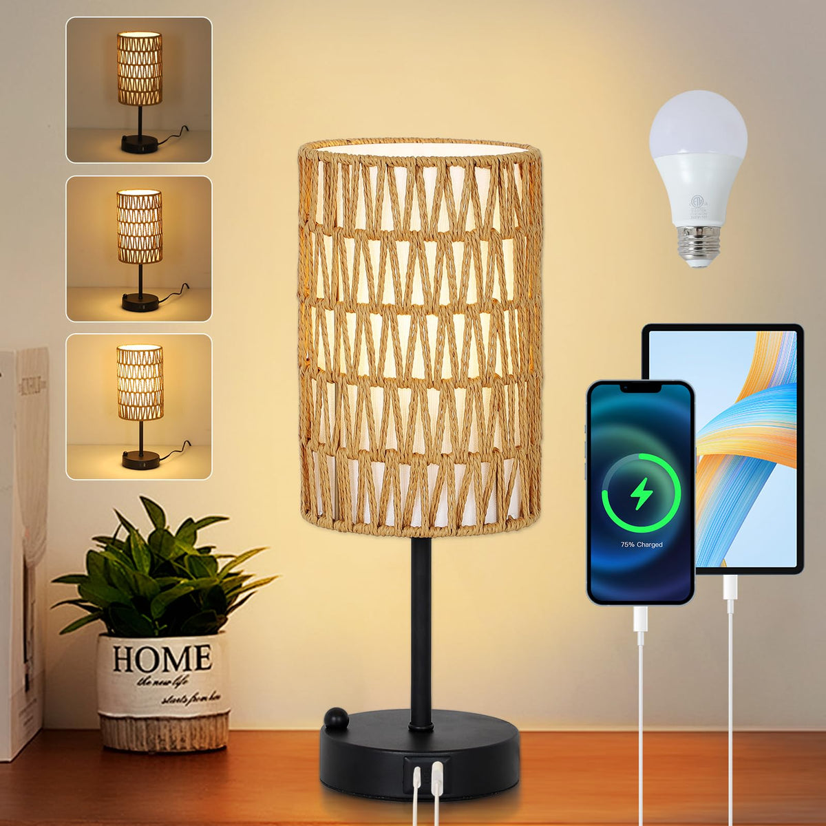 Rattan Bedside Table Lamps Set of 2 - Boho Lamps With 3 Color Temperatures & USB AC Port, Pull Chain Table Lamp For Bedroom, Cute Small Lamp For Nightstand Office Desk Bed Side End Table Living Room