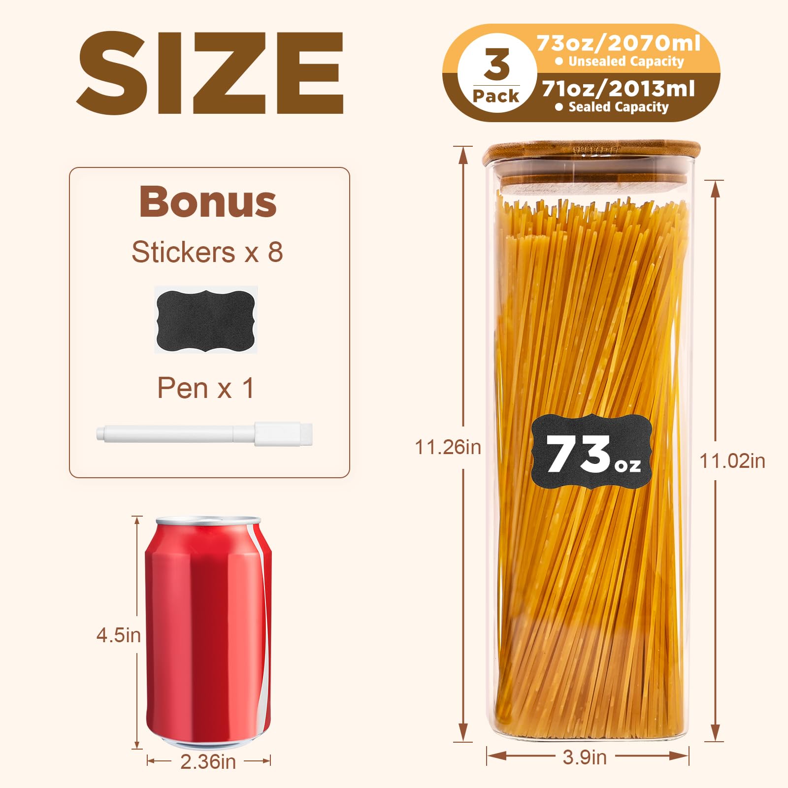 SHOWIN 73oz Glass Pasta Storage Jars, Tall Glass Jars with Bamboo Lids, Spaghetti Container, Set of 3, Kitchen Storage Containers for Pasta, Pantry Organizers